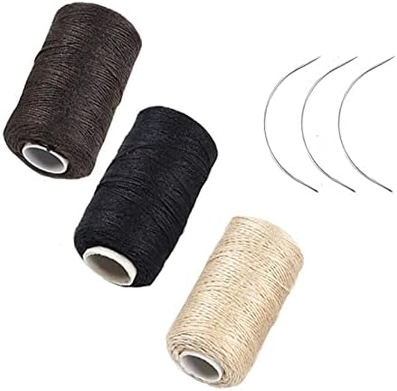 Funyn 3 Rolls Hair Weaving Thread Cotton Sewing Thread Making Wig Clips in Hair Extension Hair Salon Weft Thick Thread with 3 Curved Needles (Mixture Colors)