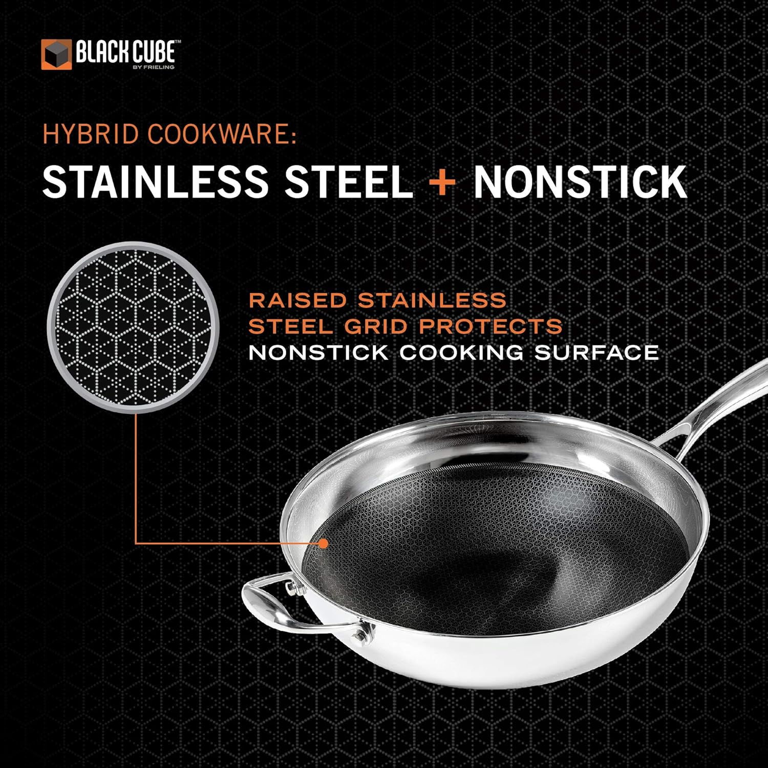 Frieling USA BC232 Black Cube Hybrid Stainless/Nonstick Cookware Wok with Helper Handle, Black/Silver image number 6