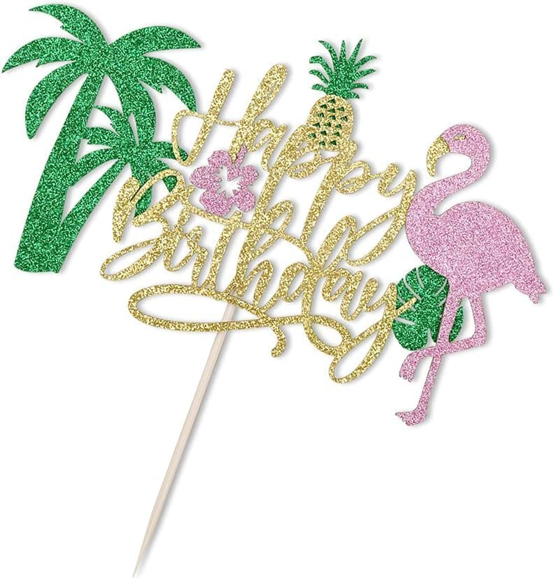 Confetti! Glitter Flamingo Cake Toppers Flamingo Happy Birthday Cake Decoration Tropical Hawaiian Luau Themed Party Supplies image number 1