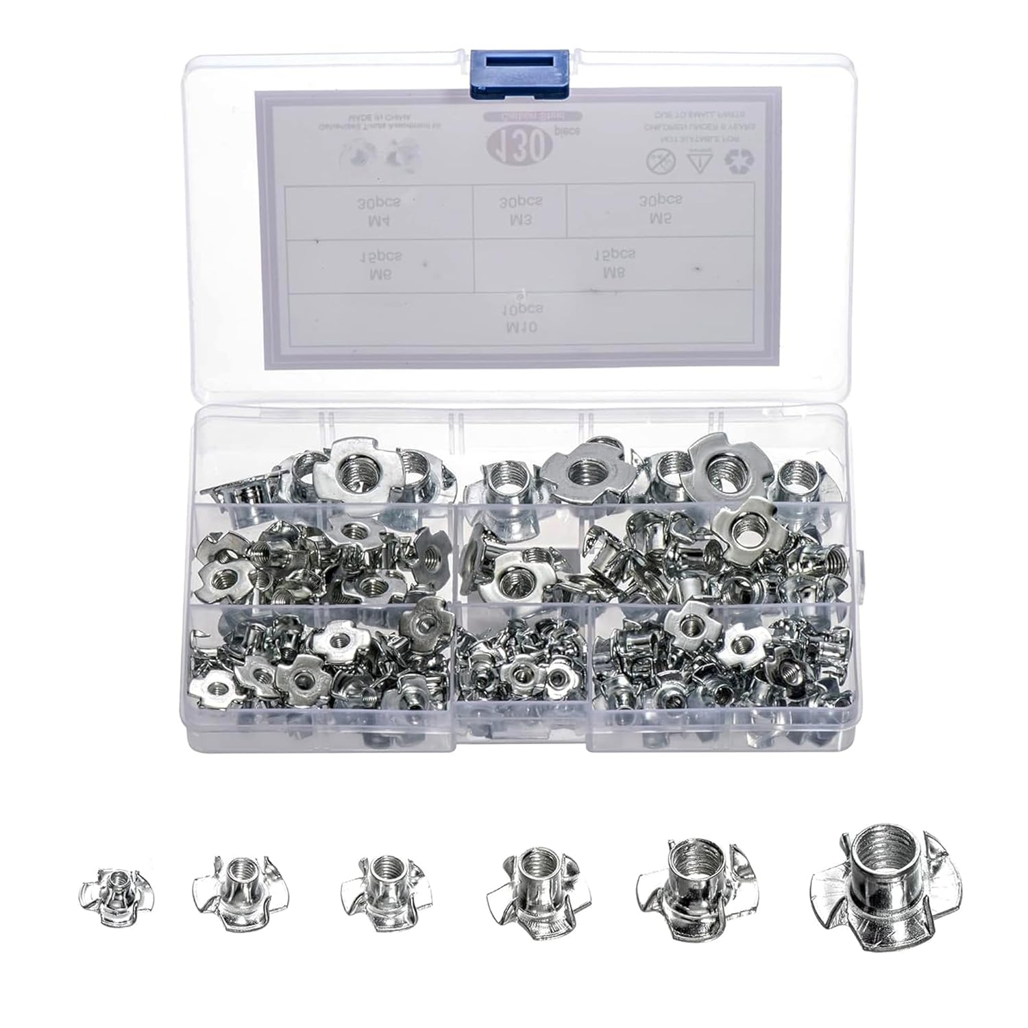 EFGTEK 130Pcs Carbon Steel T-Screw-Nuts Set,M3 M4 M5 M6 M8 Carbon Steel T-Nuts Assortment Kit for Wood, Rock Climbing Holds, Cabinetry, Furniture