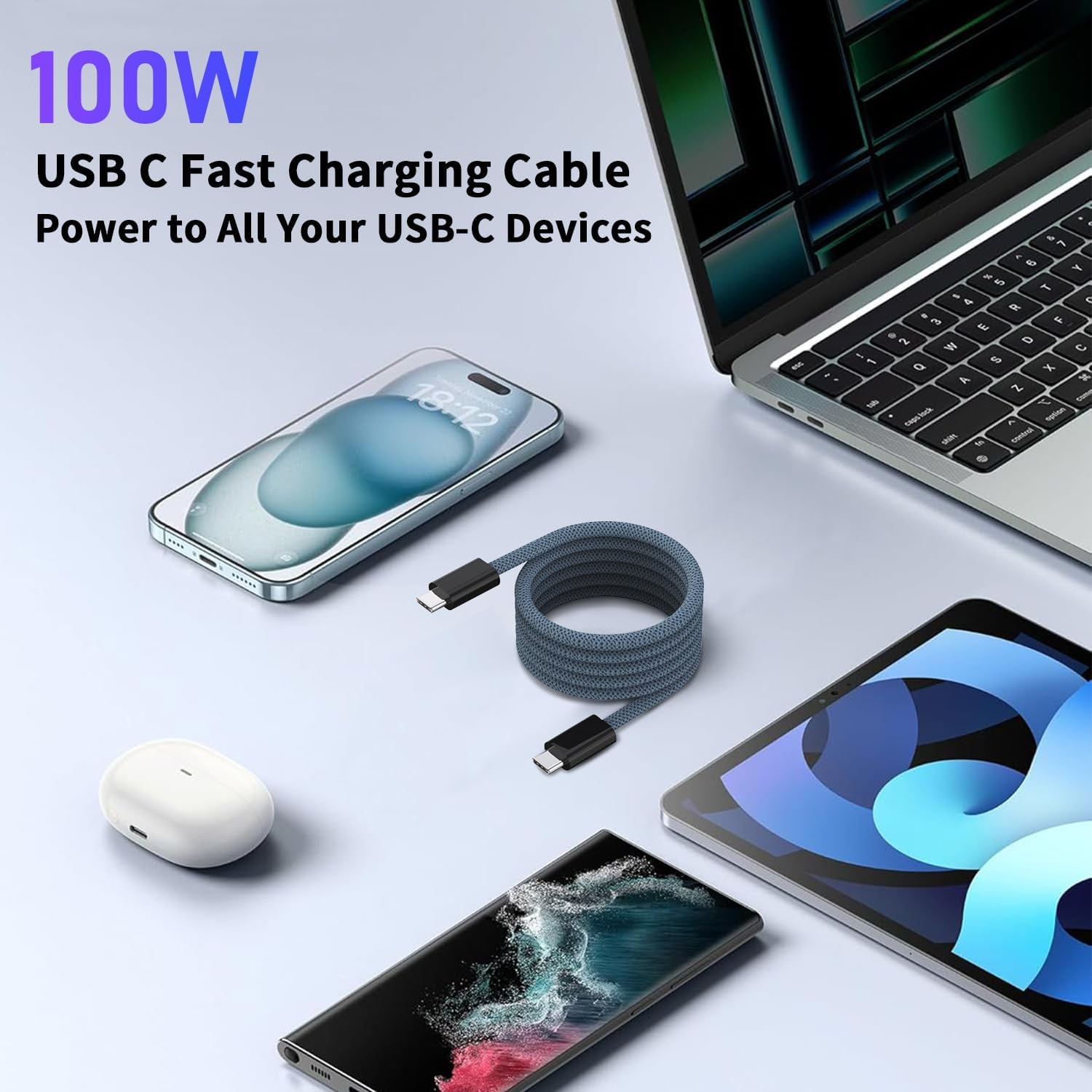 Boreguse USB C Cable 1M,100W USB C Cable Fast Charging Nylon Braid for Iphone 16/15 Pro Max, Macbook Pro,Ipad Pro,Dell, Matebook,Chromebook,Pixel,Galaxy S25 S24,Switch image number 2