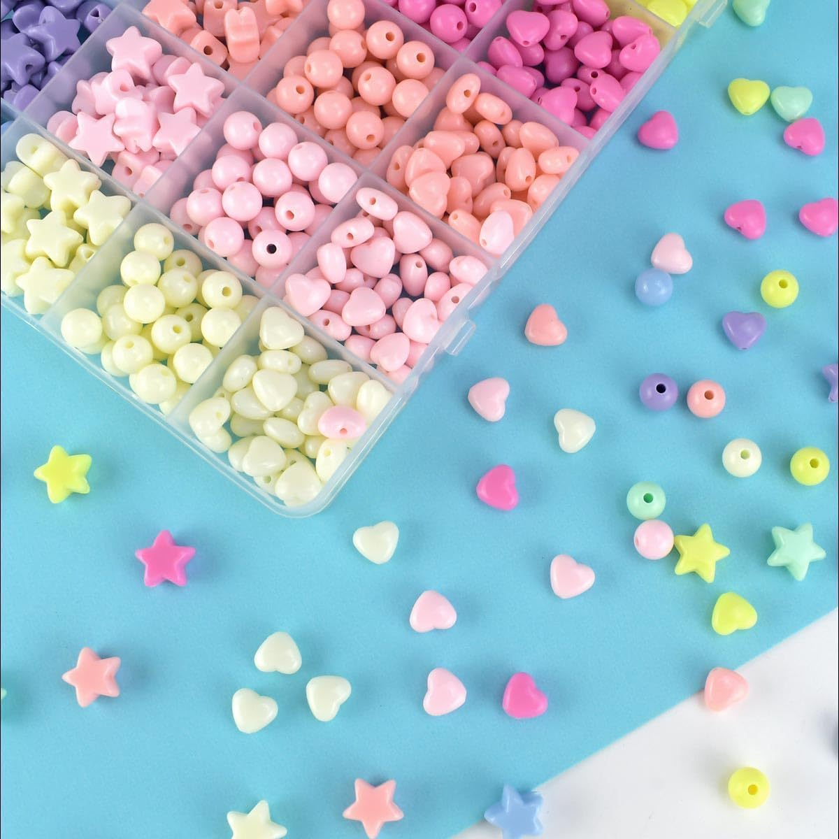 FJGSXOME 720Pcs Candy Color Acrylic Heart Beads Star and round Beads, Colorful Assorted Plastic Pastel Circle Shape Cute Loose Beads Bulk for Bracelets Jewelry Making DIY Crafts Necklace
