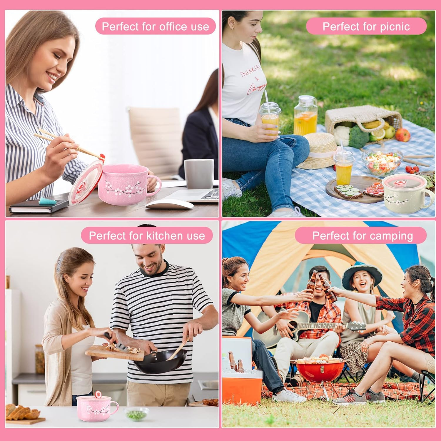 SEEWEY 2 Pcs Floral Ceramic Bowl with Lid and Handle 30 Oz Soup Bowls Heat Preservation Instant Noodles Mug Soup Cup Microwavable Bowls for Ramen Noodle Cereal Travel image number 5