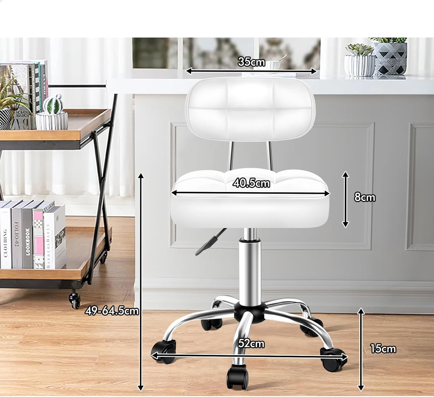 ALFORDSON PU Leather Salon Stool with Backrest Tufan Series, Office Drafting Rolling Stools in 49-64.5Cm Adjustable Height, Swivel Spa Chair with Rolling Wheels for Massage Table, White image number 5
