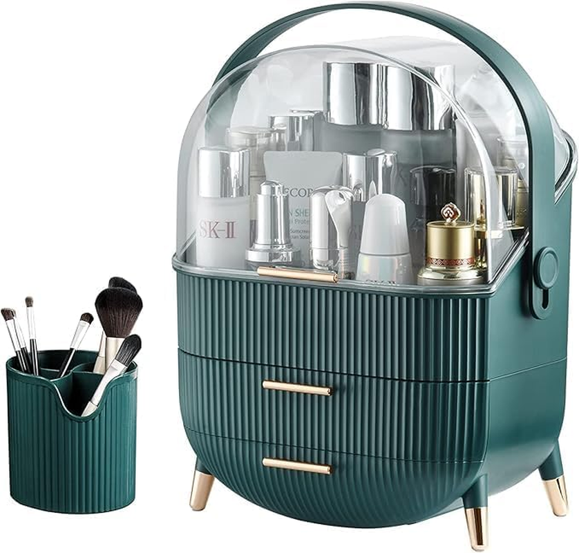 Kiiss Makeup Storage Organizer,Cosmetics Display Case with 2-Layer Storage Box and Transparent Cover, Portable Cosmetics Storage Box, Bedroom Vanity Desk (White)