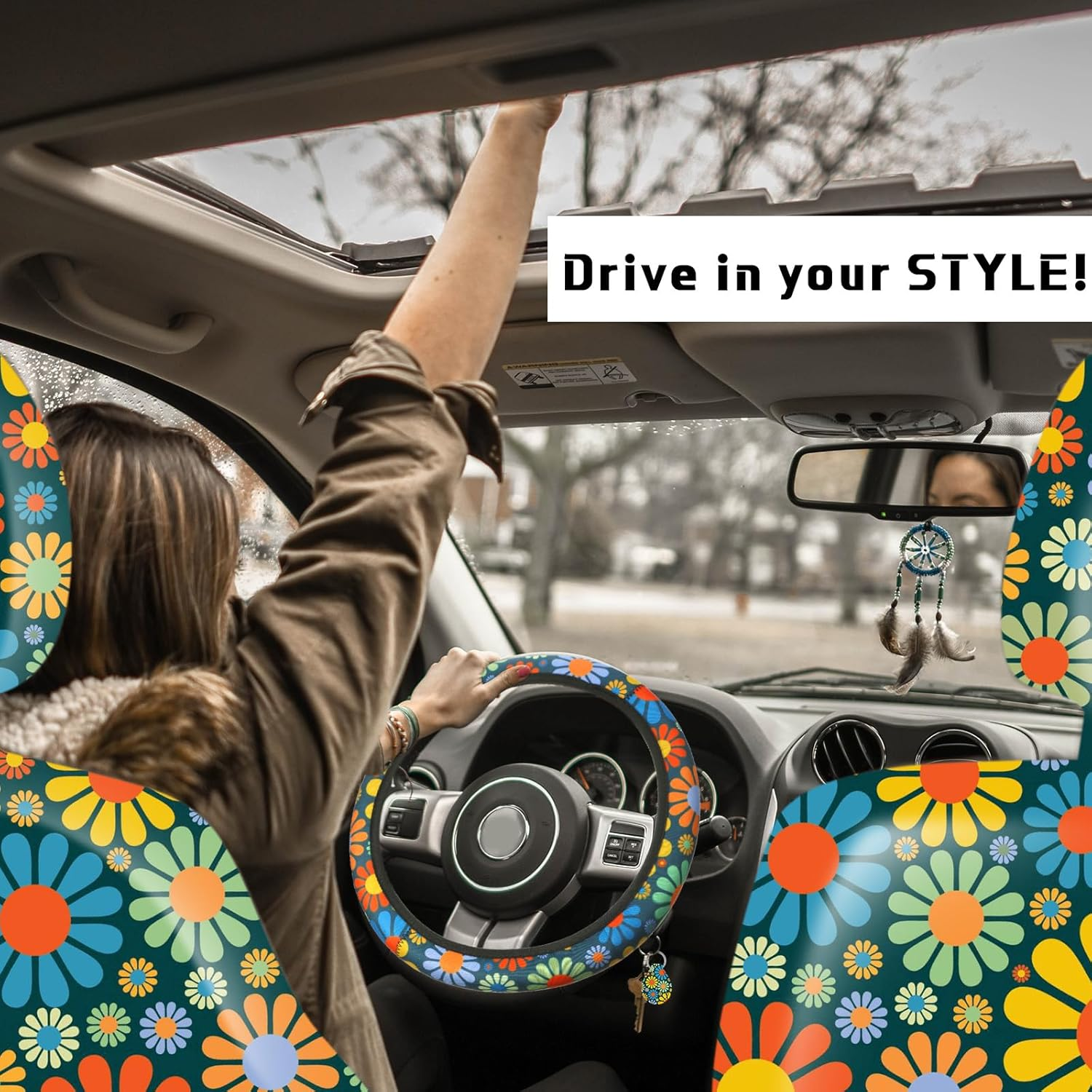 Tallew Abstract Hippie Flower Car Accessories Set - Car Seat Covers, Steering Wheel Cover, License Frames, Armrest Cover, Seat Belt, Cup Holder, Keyrings image number 4