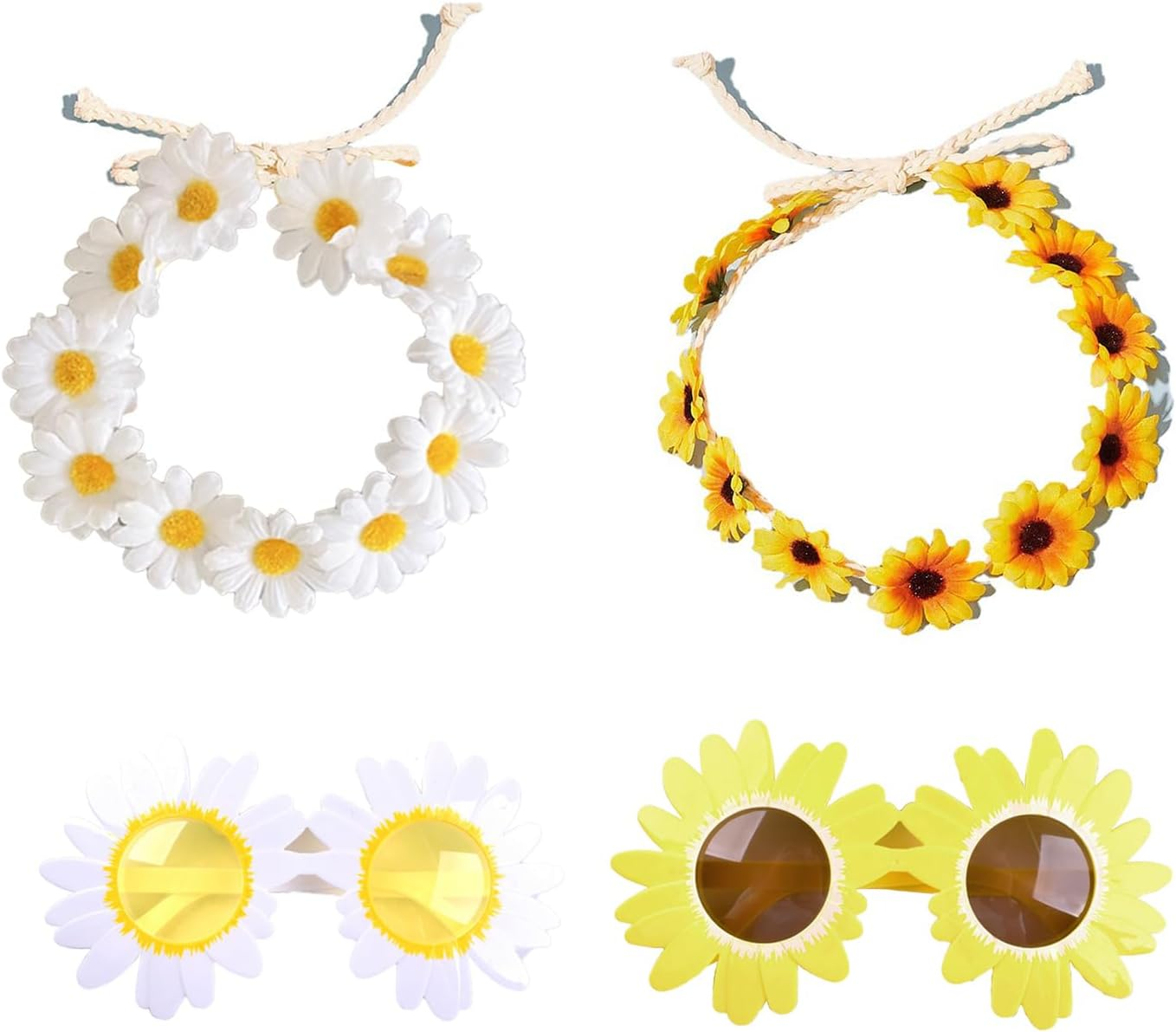 2 Daisy Hair Bands and 2 Glasses with Daisy Flowers, Fashion Garland Hair Band Floral Wreath Daisy Accessories for Women and Girls Elastic Fasteners Adjustable Travel image number 3