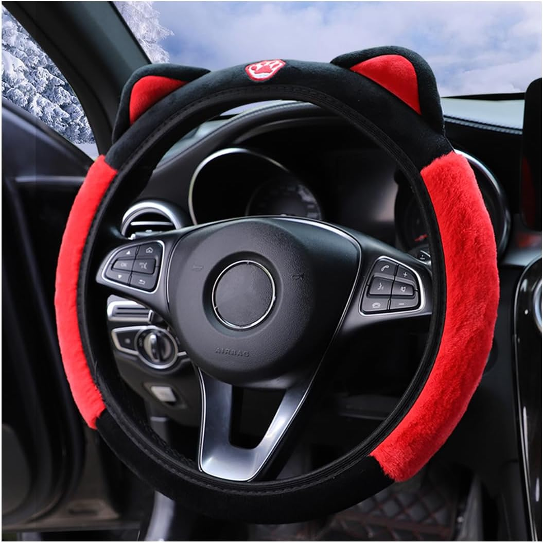 Car Steering Wheel Cover, Fluffy Soft Plush for Winter Warm, Cute Steering Wheel Protector with Kitty Cat Ears, Universal 15 Inch, Elastic & Anti-Slip, Lovely Decor Car Accessories (Black/Red)
