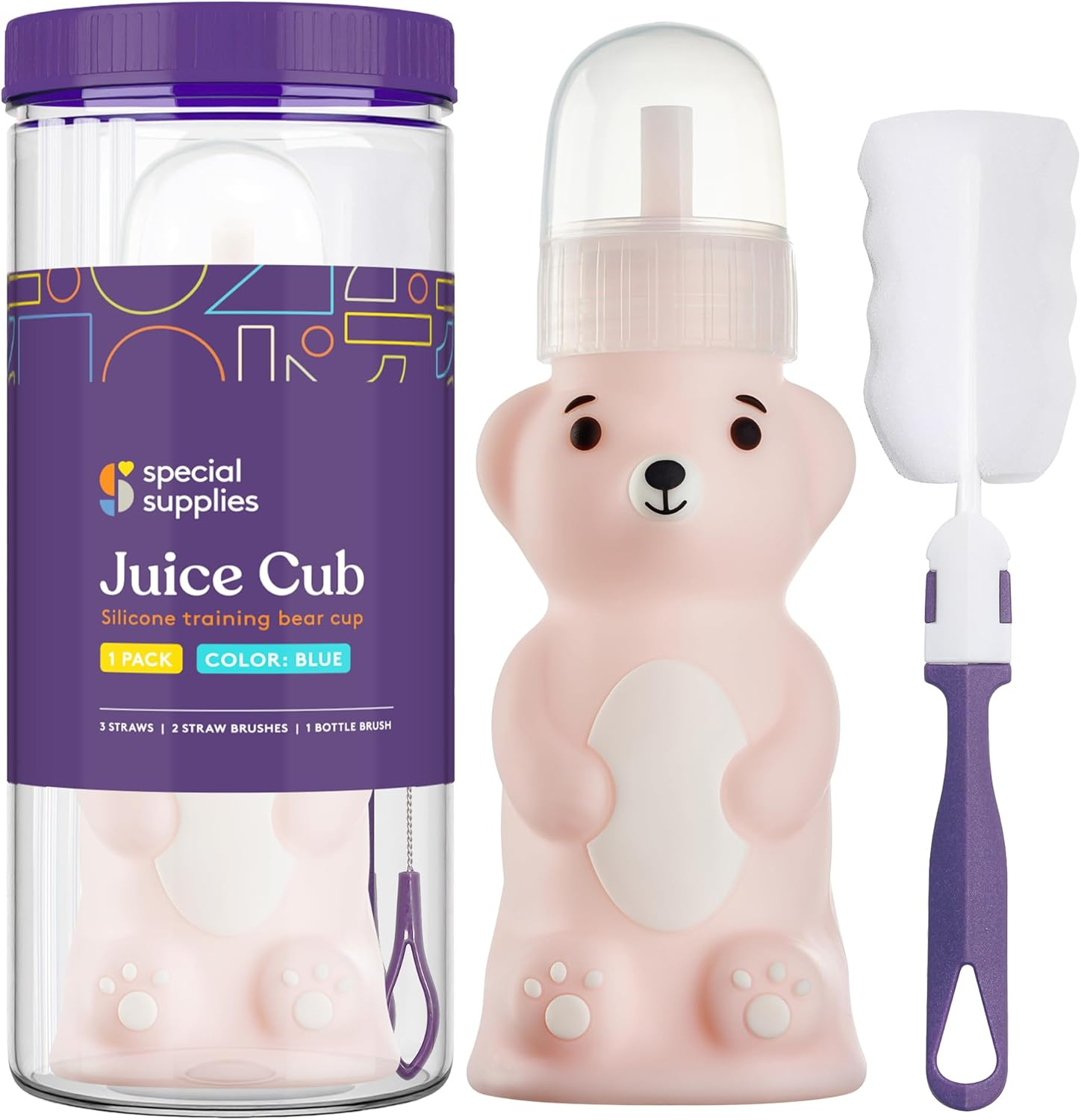Special Supplies Honey Bear Straw Cup Long Straws, Squeezable Therapy and Special Needs Assistive Drink Container, Spill Proof and Leak Resistant Lid (Pack of 1 Bottle and 3 Straws)