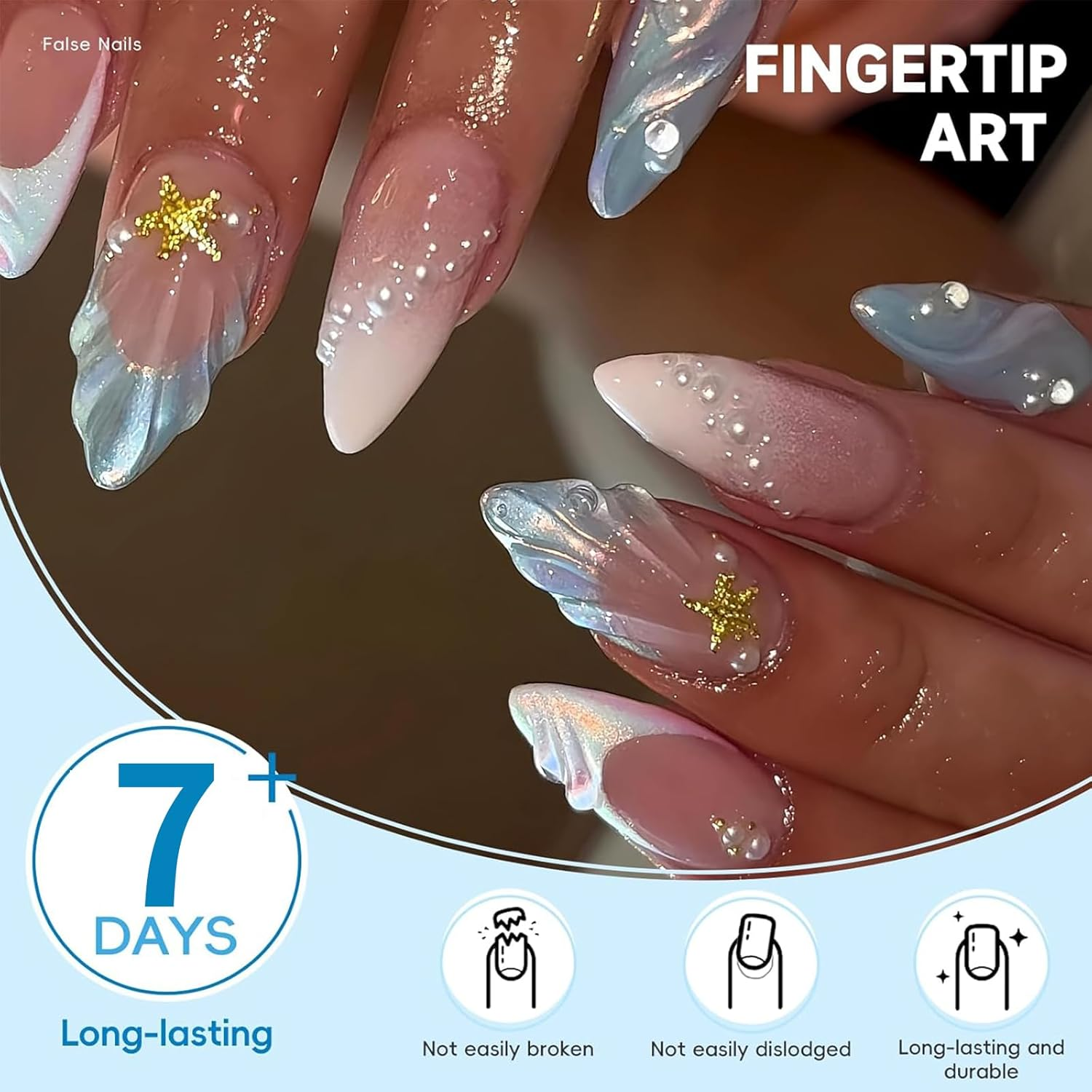Kzvsiy 24 Pcs Full Cover Almond Press-On Nails, Beach Blue & White Ombre with 3D Shell, Star, and Pearl Designs, Medium Stick-On False Nails for Women image number 6