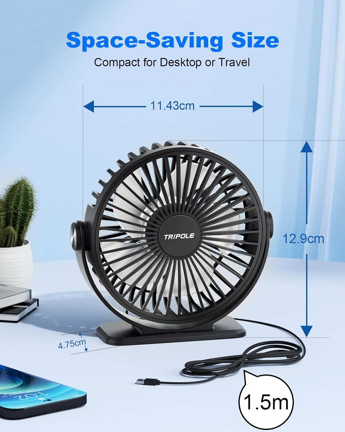 Tripole Desk Fan USB Powered Portable Mini Fans with 3 Speeds Quiet Plug in Small Fans 360&deg;Rotation Head for Desktop Office Home Travel No Battery (Black) - Pink image number 5