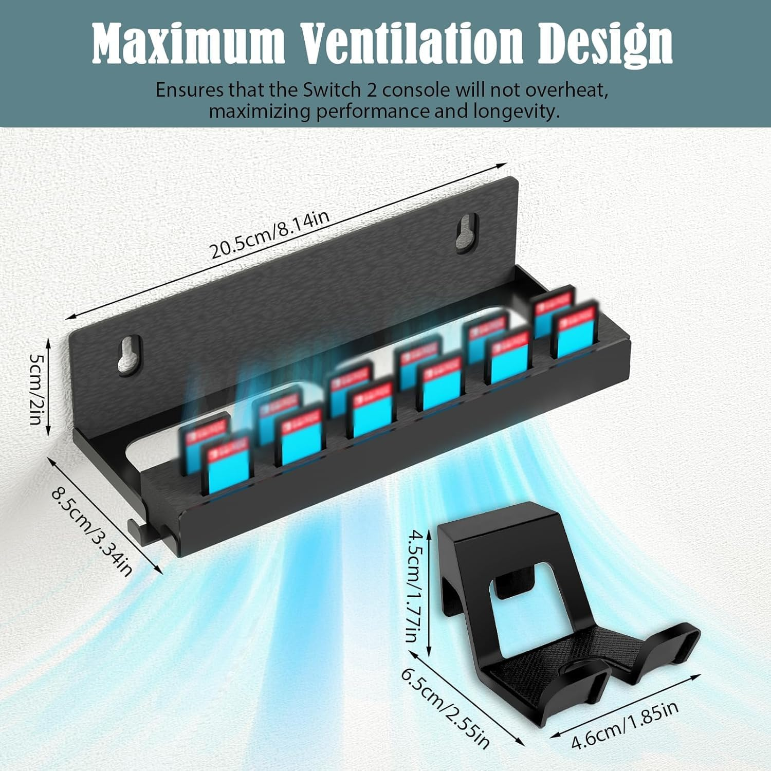 ZONEY Wall Mount Compatible with Nintendo Switch 2, Metal Switch 2 Wall Mount Kit with Controller Holder, 12 Game Card Holders and 2 Joy Con Brackets, Safely Store Switch 2 behind or near Tv,Black image number 6