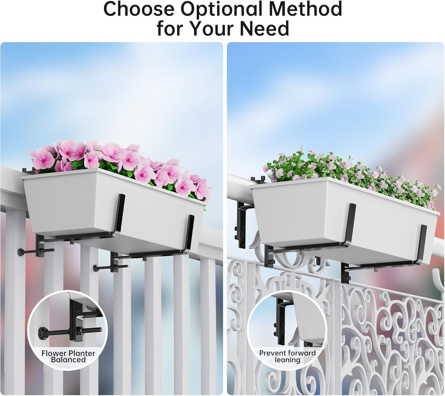 Y&M Adjustable Planter Box Brackets, Brackets for Window Boxes Planters, 4 Packs Universal Outdoor Hanging Brackets, Black Steel Mounting Durable, Suitable for Fence Pergola Patio Garden Balcony image number 4