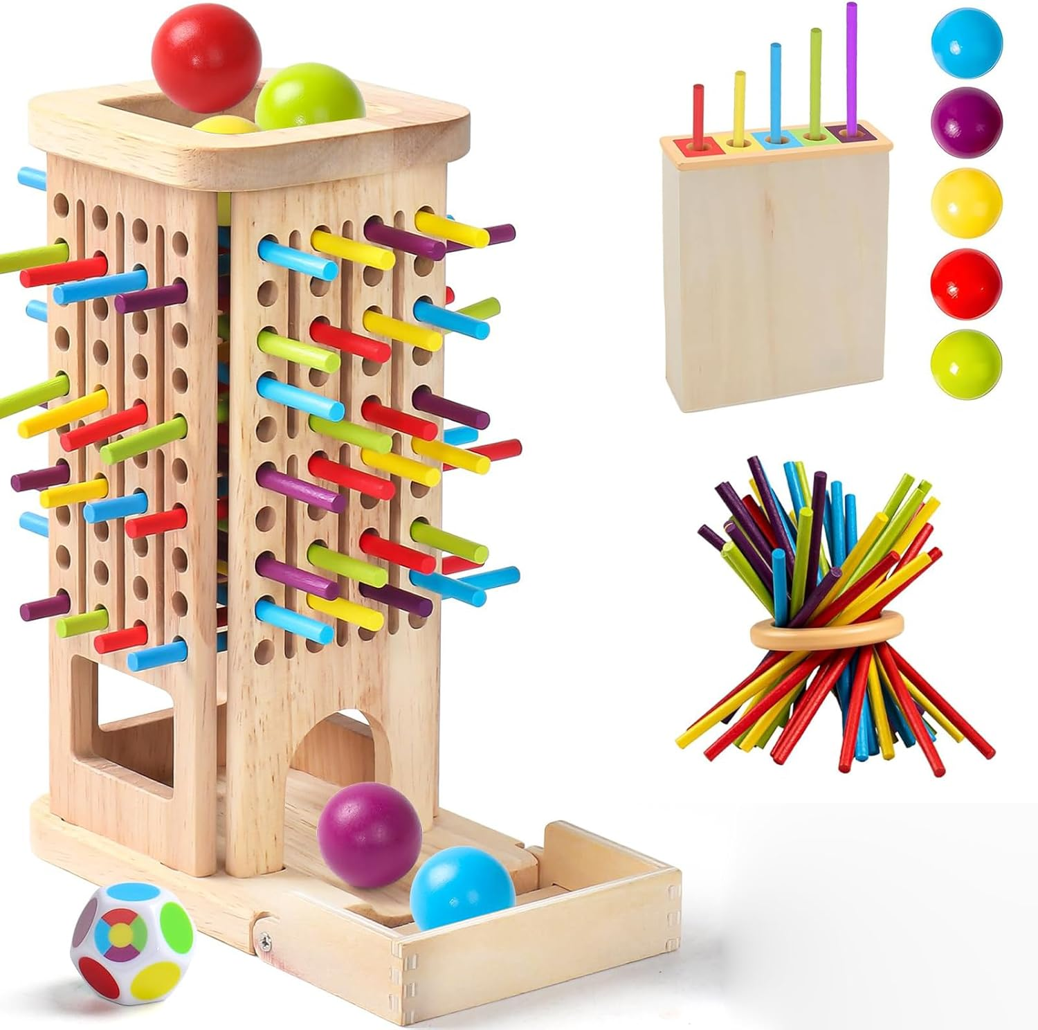 Montessori Educational Toys for 3 Year Old Fine Motor Skills Toys for 5 Year Old Wooden Board Game - with Colorful Sticks, Dice & Stones, Family Game Gifts for Age3 4 5 6 7 8 Boys Girls image number 4