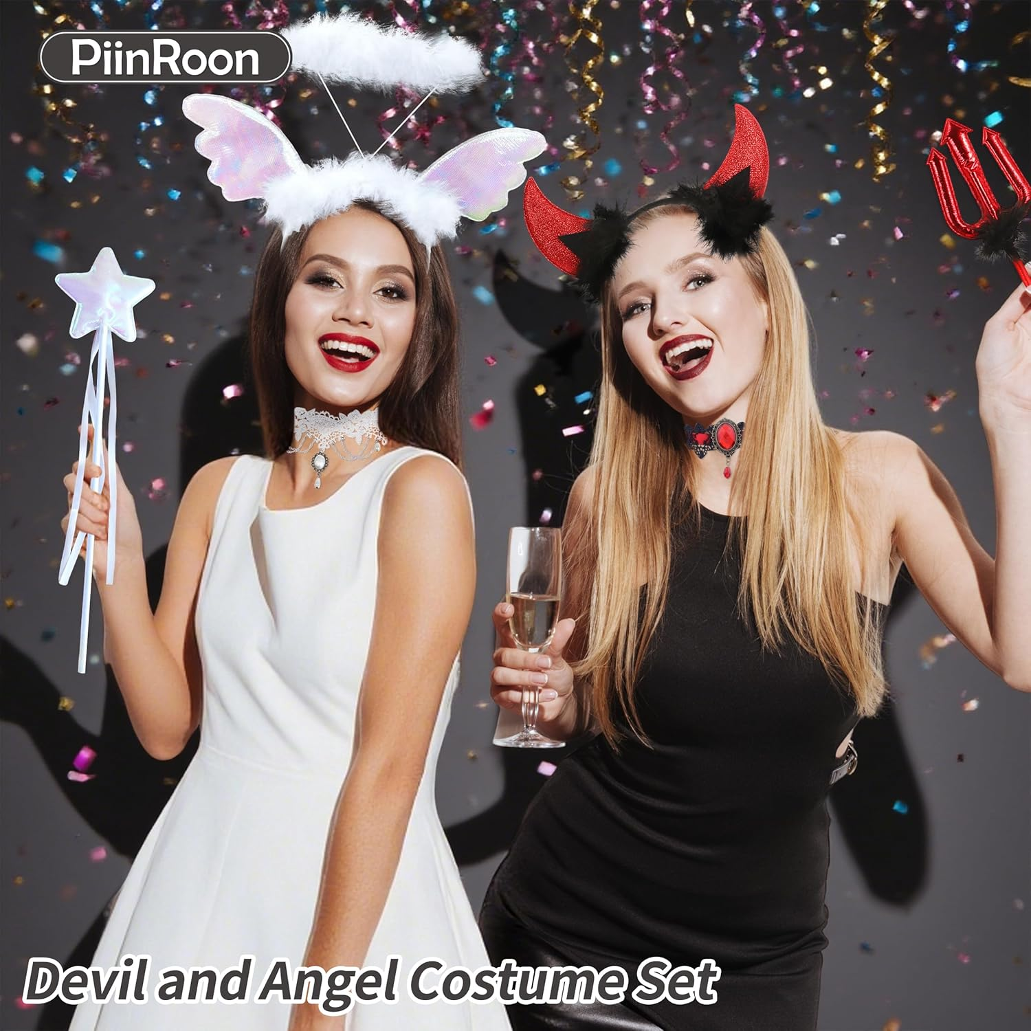 Piinroon Halloween Headbands, 6 Pcs Angel Halo Headband and Devil Horns Headband Set, Black White Halloween Hair Accessories with Choker Necklace for Women Costumes Accessories image number 4