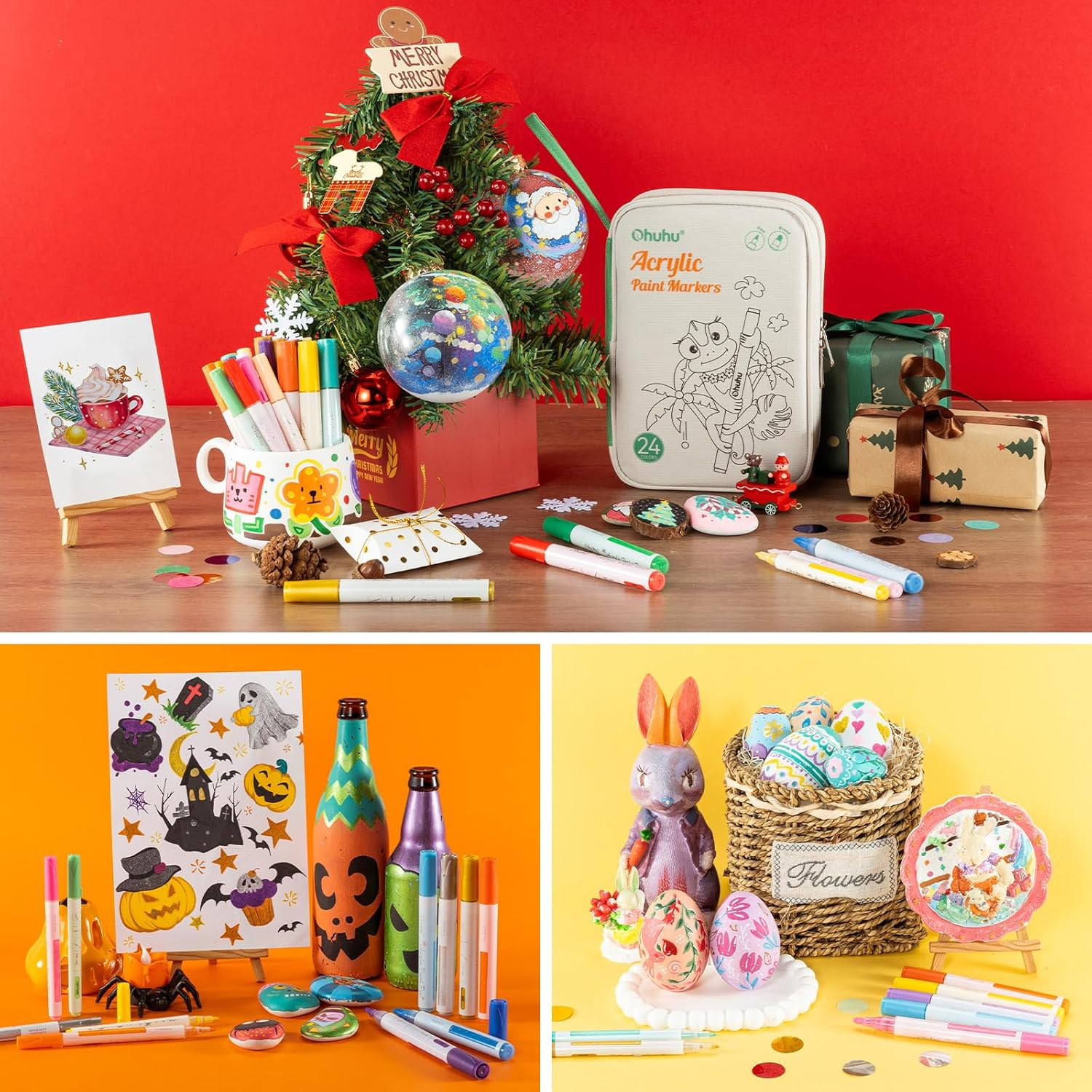 Ohuhu Acrylic Paint Markers: 48 Paint Pens 24 Colours Marker Set with Fine & Reversible Tips, Waterproof Paint Pens for Rock, Wood, Glass, Plastic, Ceramic, Canvas, Art Supplies, Age 3+ image number 4