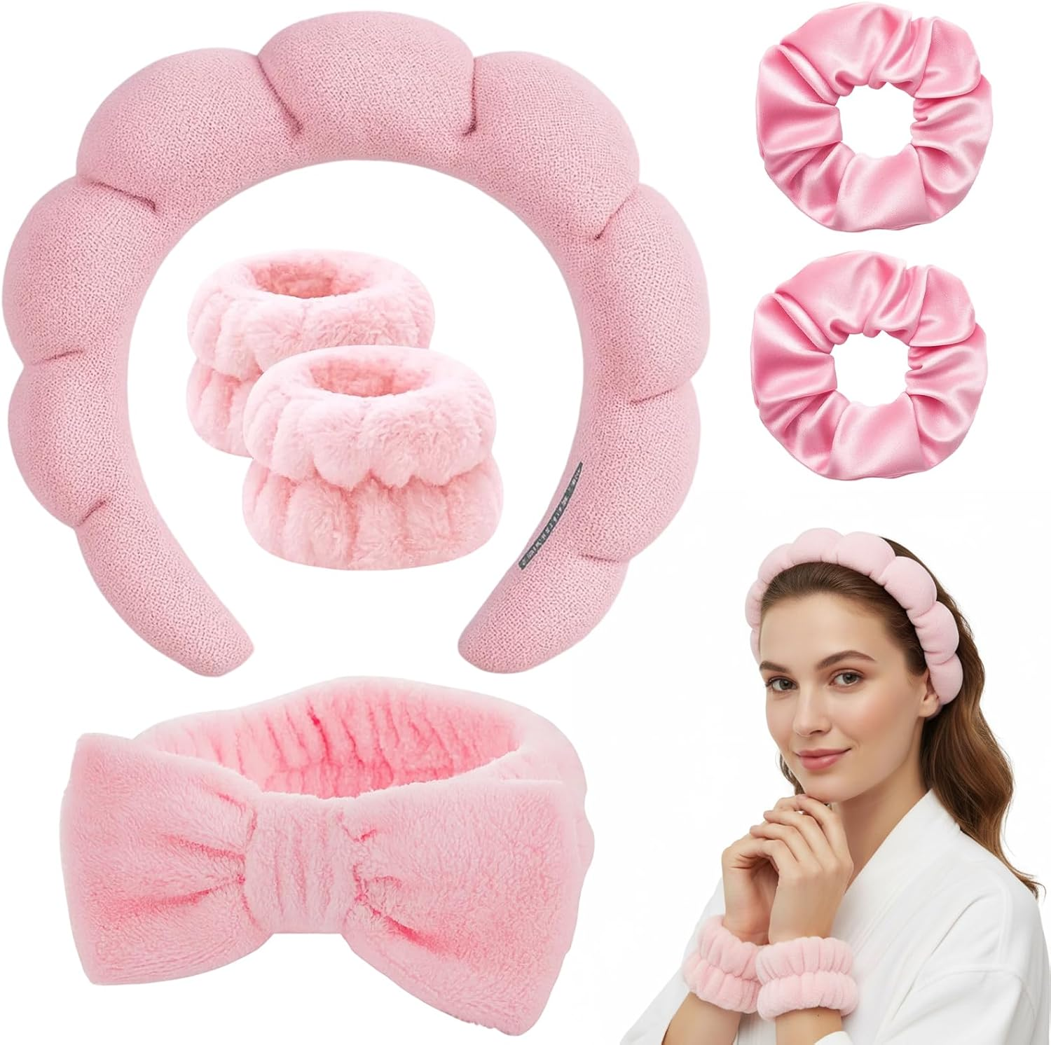 Skincare Headband, 6-Piece Set Pink Makeup Headband for Women and Girls, Facial Accessories for Washing Face, Yoga and Spa, Includes Headband and Hair Clips image number 4