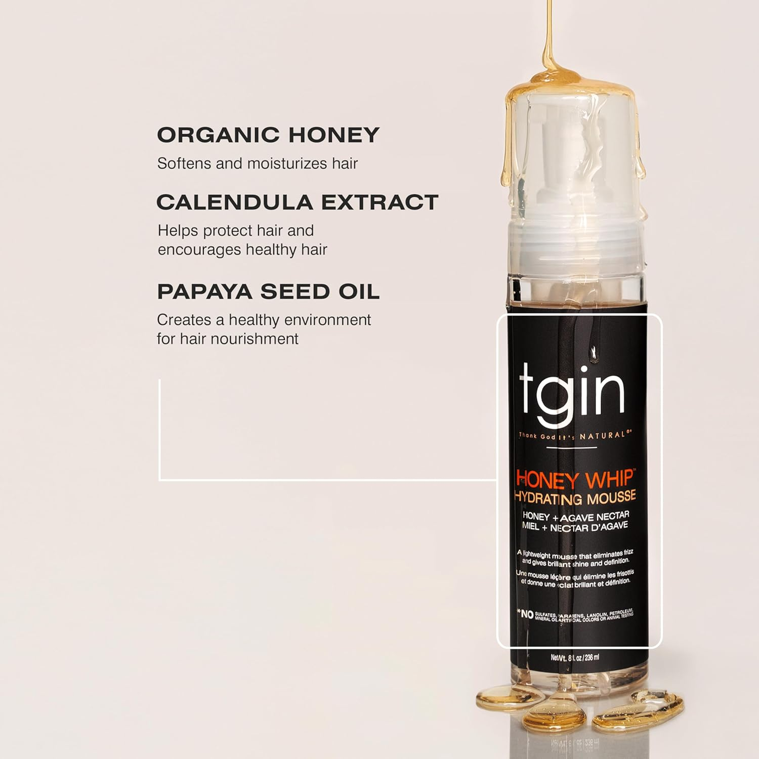 Tgin Honey Whip Hydrating Mousse for Natural, Dry, Curly, and Damaged Hair - 8 Oz image number 2