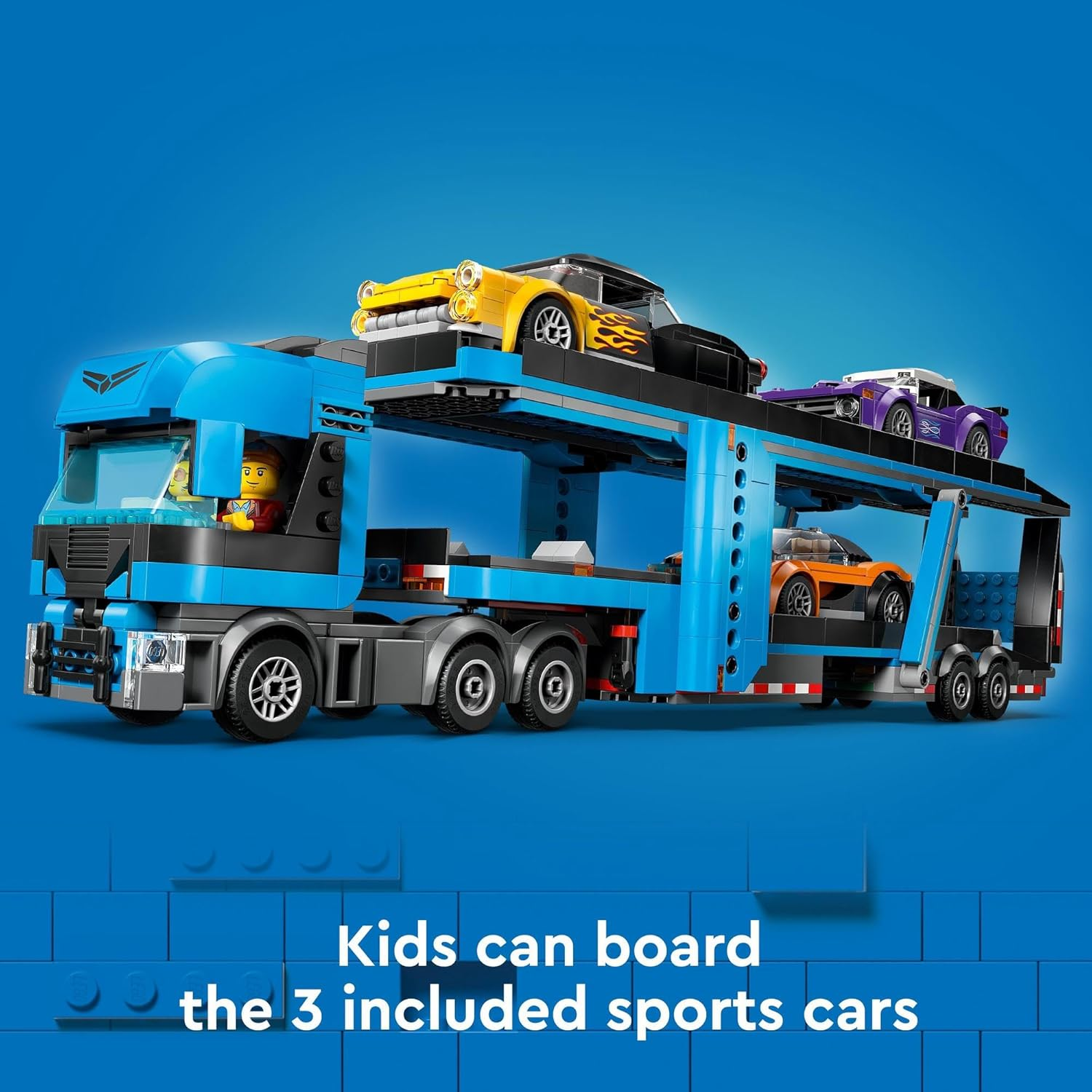 LEGO City Car Transporter Truck with Sports Cars Construction Set, 4 Vehicle Kids Toys for 7 plus Year Old Boys & Girls, STEM Building Kit with Trailer and 4 Minifigures 60408 image number 5