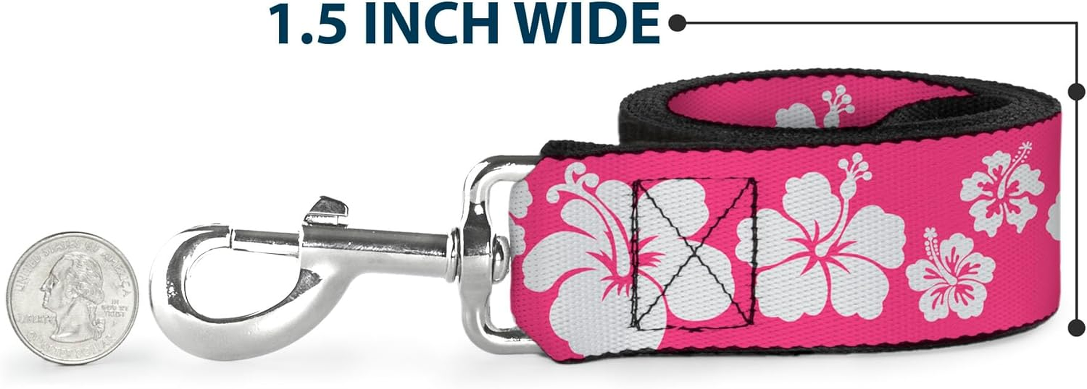 Buckle-Down DL-6FT-W30853 Hibiscus Neon Pink/White Dog Leash, 6' image number 5