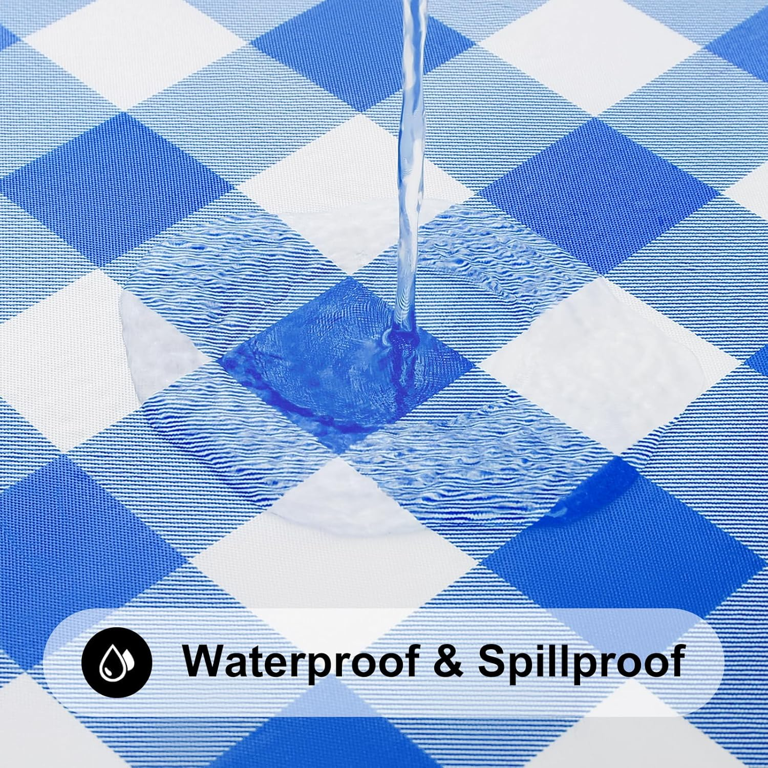 Smiry round Picnic Table Cloth, Elastic Waterproof Fitted Vinyl Tablecloth for 36"-44" Tables, Flannel Backed Buffalo Plaid Table Covers for Dining, Camping, Outdoor, White and Blue image number 6