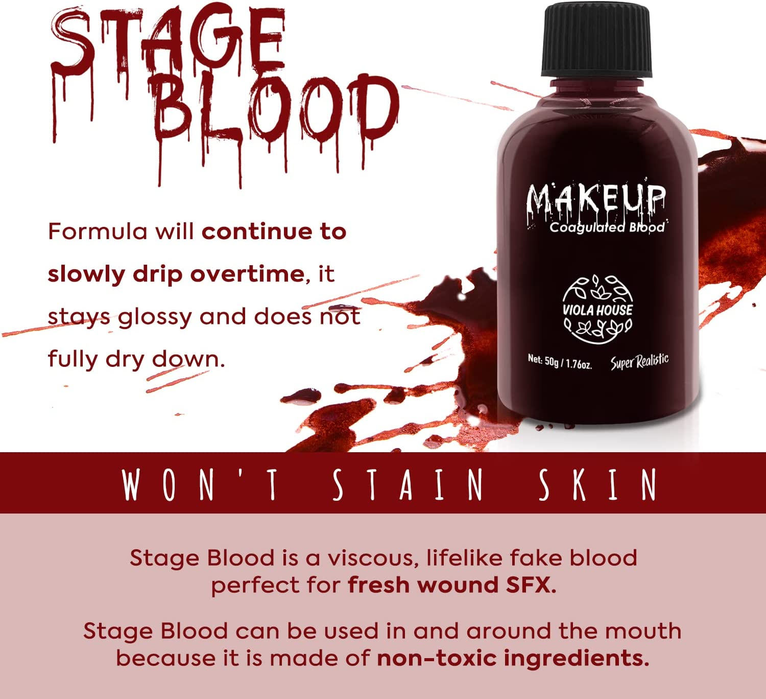 VIOLA HOUSE Halloween Fake Blood Makeup Coagulated Blood,Professional Realistic Fake Blood Special Effect for Halloween Stage Dress up Cosplay Theater SFX Makeup(50G/1.76Oz) image number 6