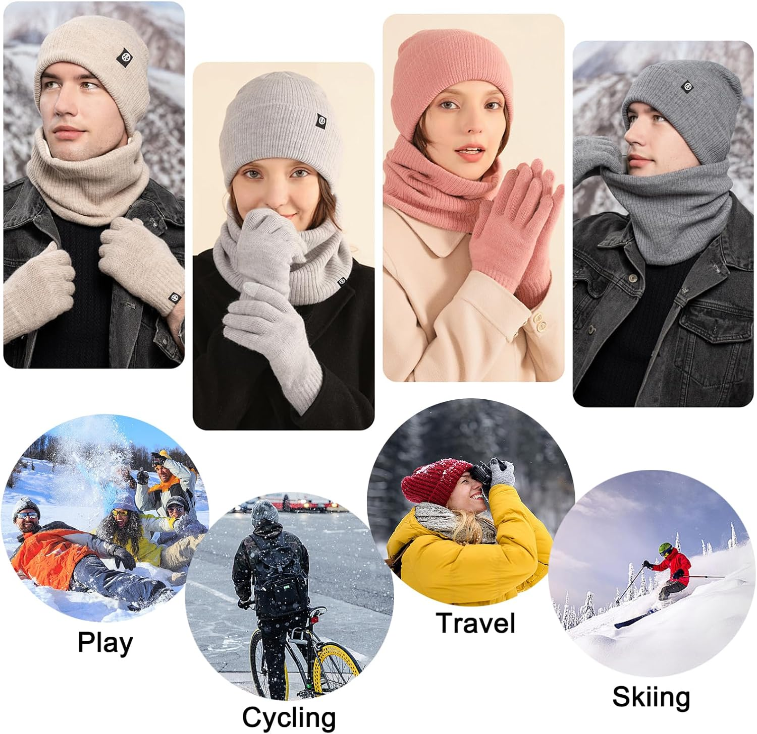 Enwokran 3 In1 Winter Beanie Hat Scarf Gloves Set Thermal Warm Knitted Beanie Cap Soft Fleece Brushed Inner Lining Elastic Circle Neck Warmer Thicken Touchscreen Gloves Winter Set - Light Grey image number 6