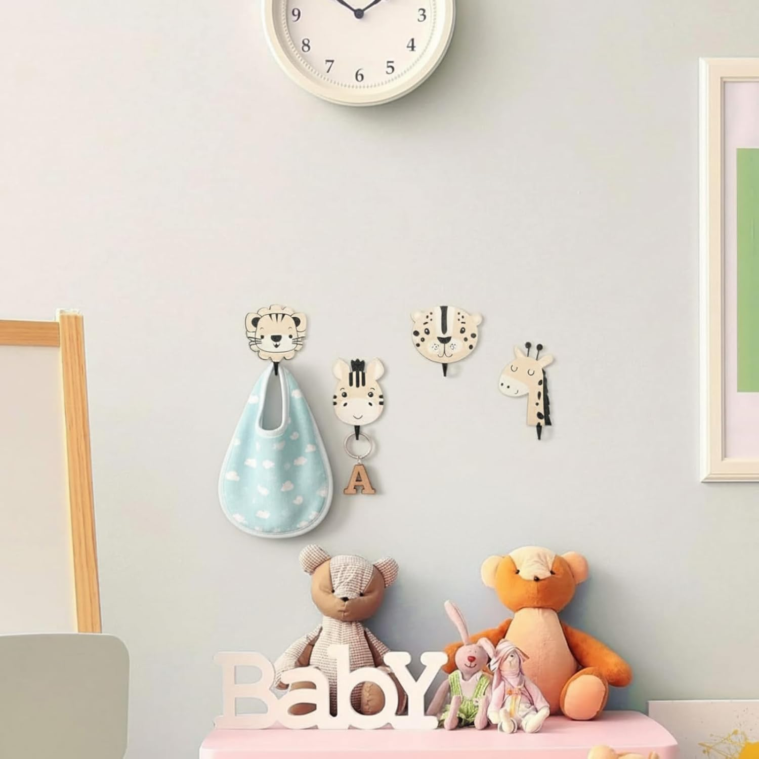 Qunclay 4 Pcs Safari Animal Decorative Wall Hooks Kids Wooden Jungle Baby Nursery Hooks Cute Towel Hanger for Childs Nursery Bathroom Bedroom Home Decor(Safari Animal) image number 3