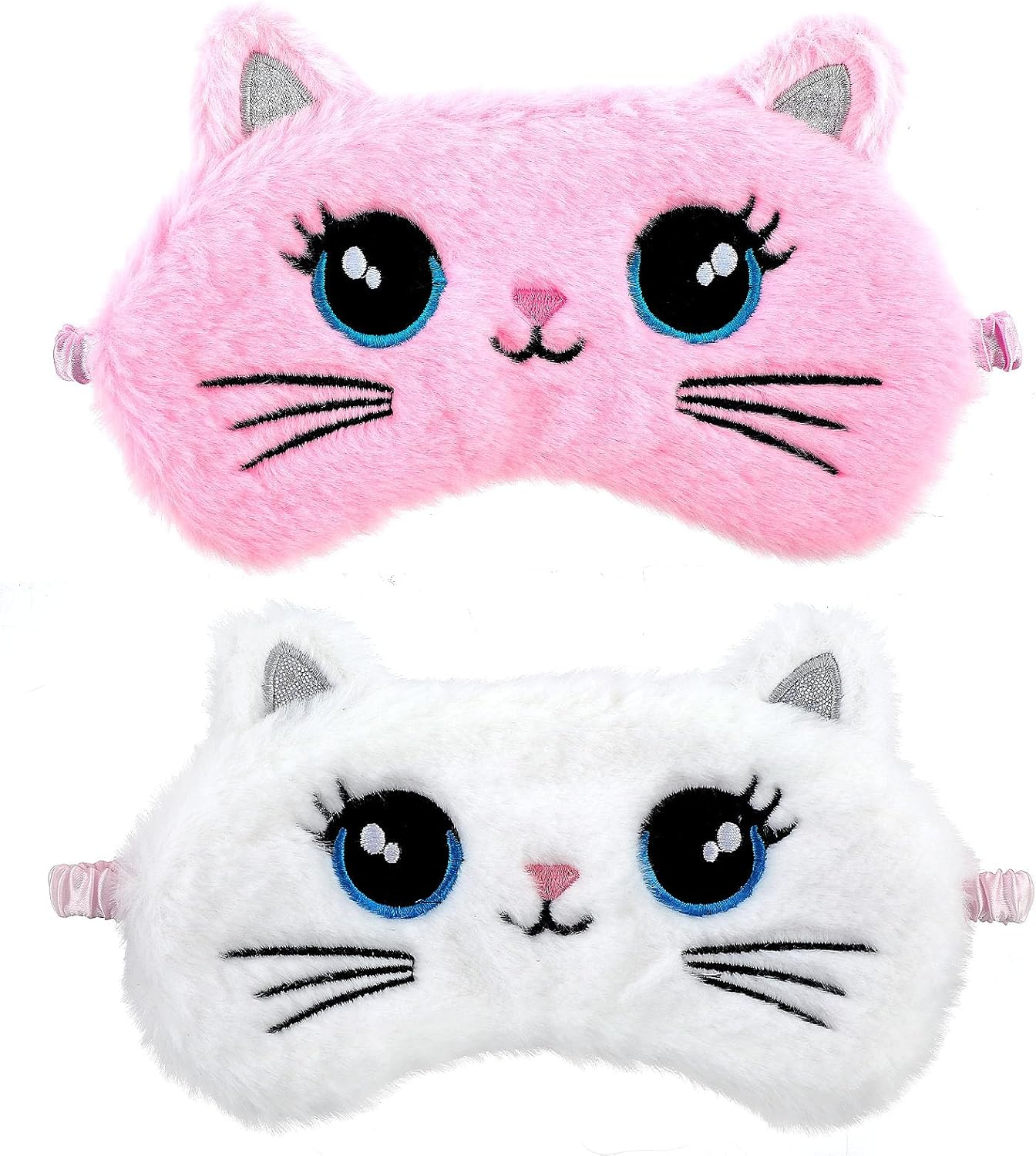 2 Pcs Plush Eye Mask Soft Sleeping Blindfold Eye Cover Comfortable Cute Animal Sleeping Mask Satin Nap Night Eyeshade Cover for Women Men Gift (Pink Muliticolor Cat Style)