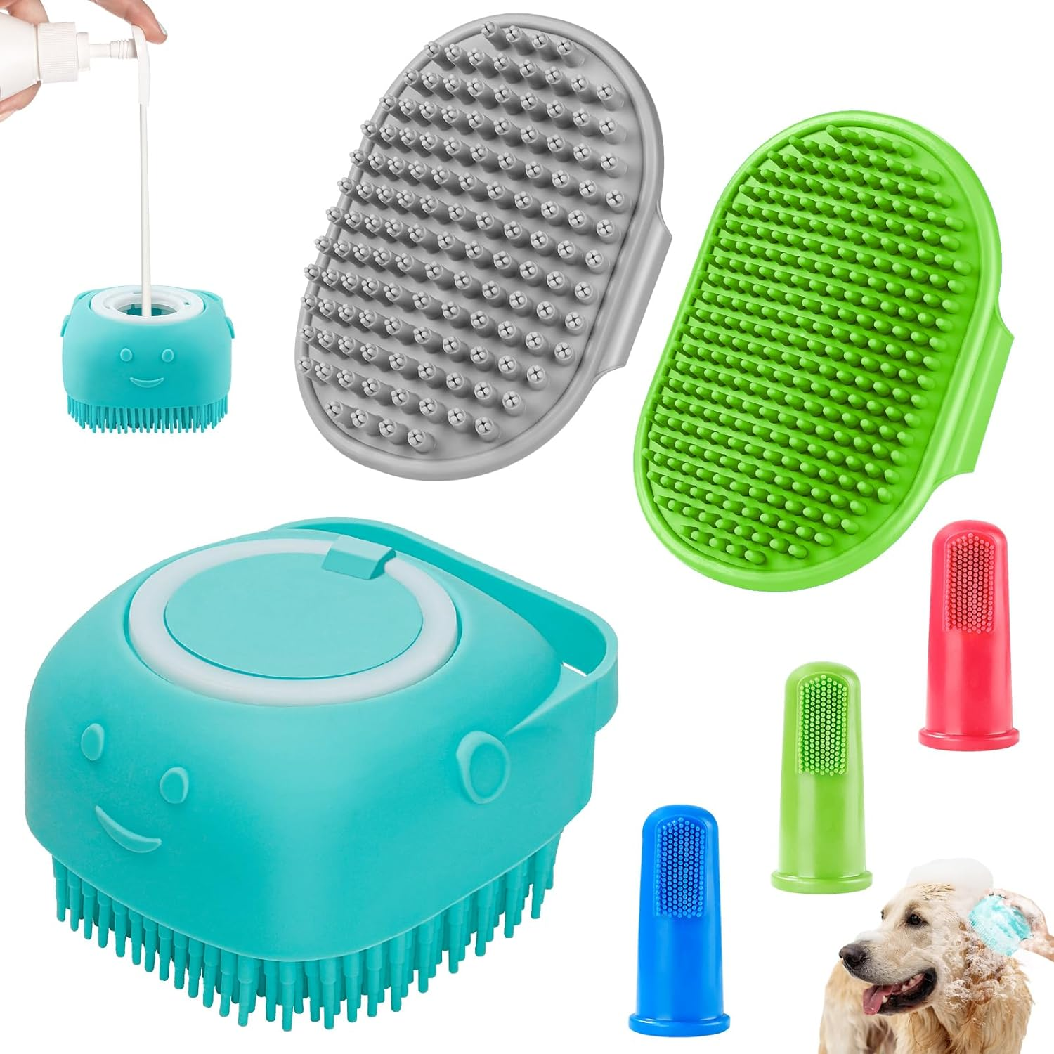 Comotech 6PCS Dog Bath Brush | Adjustable Handle Shampoo Brush & Scrubber for Short & Long Haired Dogs & Cats | Effectively Solve Odor & Stain Removal Problems (Gray Black Gray)