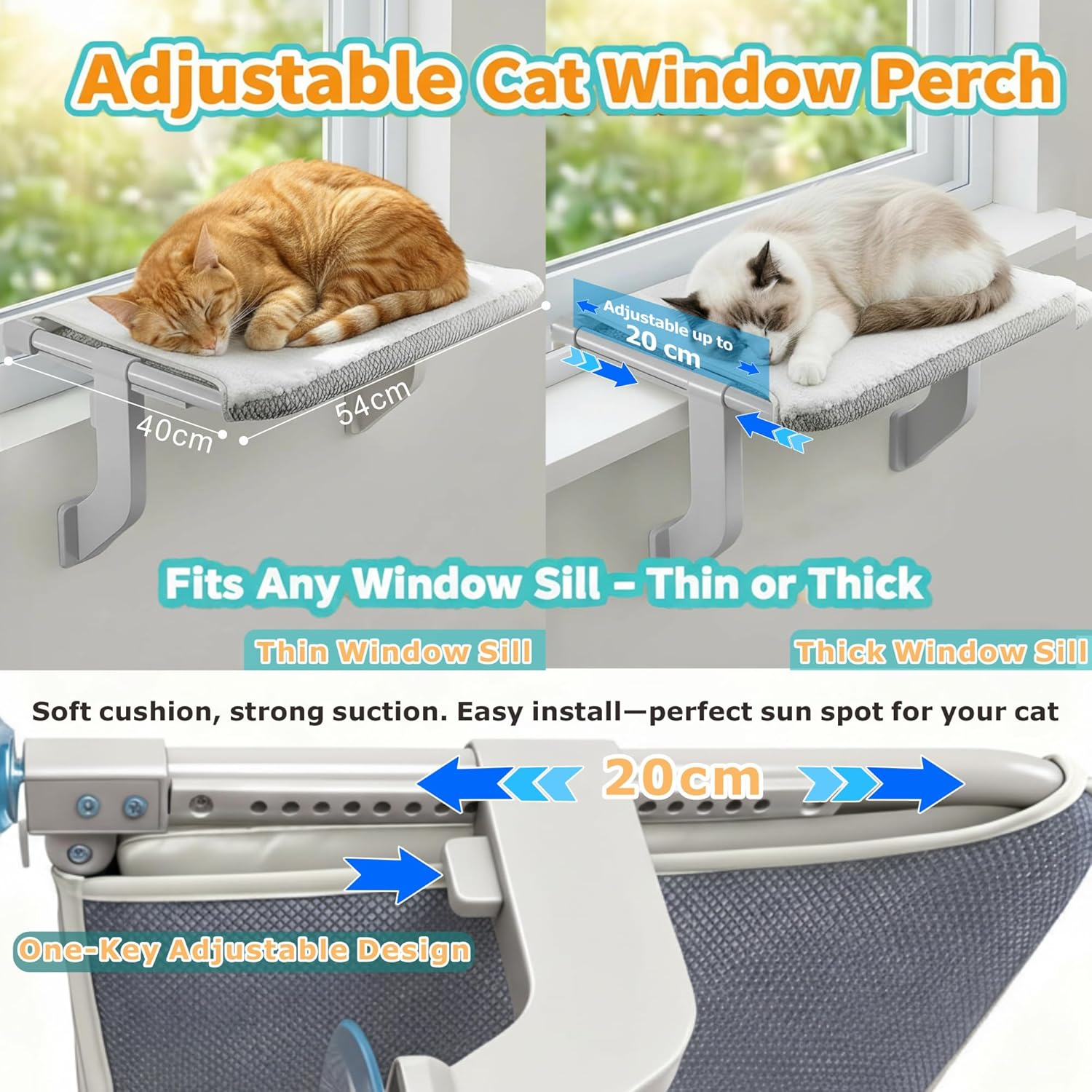 Cat Window Perch with 4 Suction Cups & Hooks, 2-In-1 Hammock Bed for Cats &ndash; Sliding Clamp Adjustment, Washable Dual-Sided Pad, No-Scratch Rustproof Tube, Holds 15KG (Fits Windowsill/Bedside) image number 1