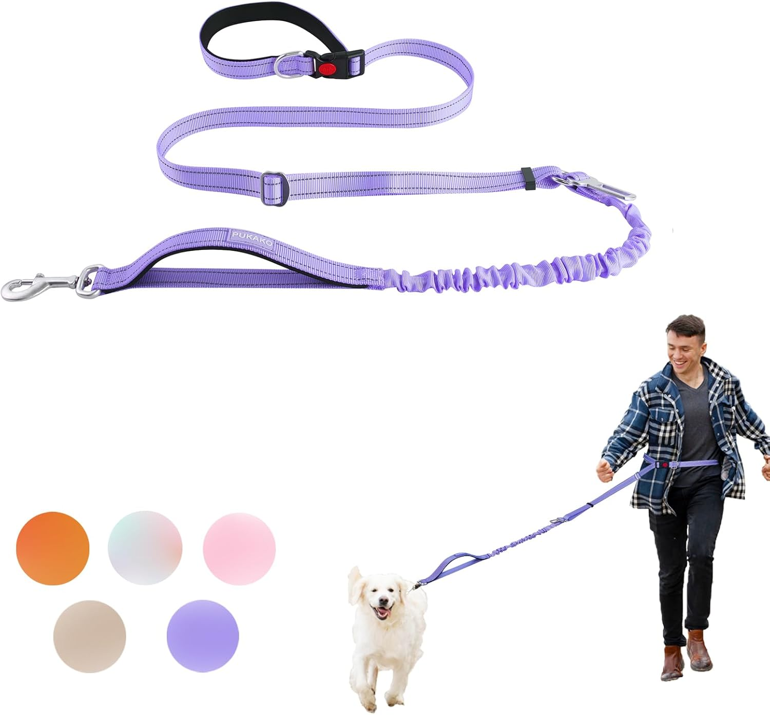 PUKAKO Hands Free Dog Leash, Waist Leash for Dog Walking,Leash for Small Medium Large Dogs Training Running 5-7FT (Lavender& Green)