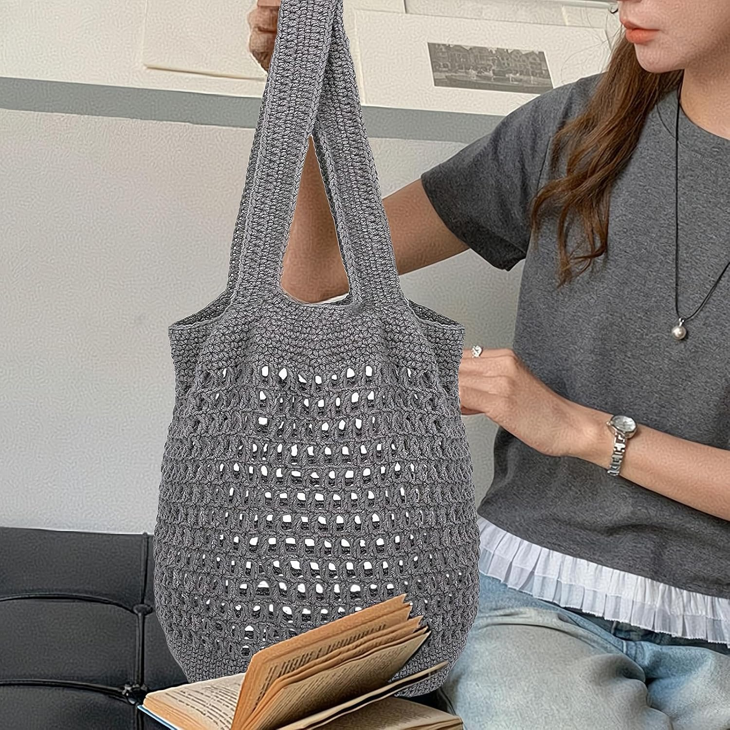 REGODI Beginner Crochet Kit with Video Tutorials - Gray Granny Square Tote Bag for Adults, Easy Knitting Kit for Beginners, DIY Craft Projects image number 4