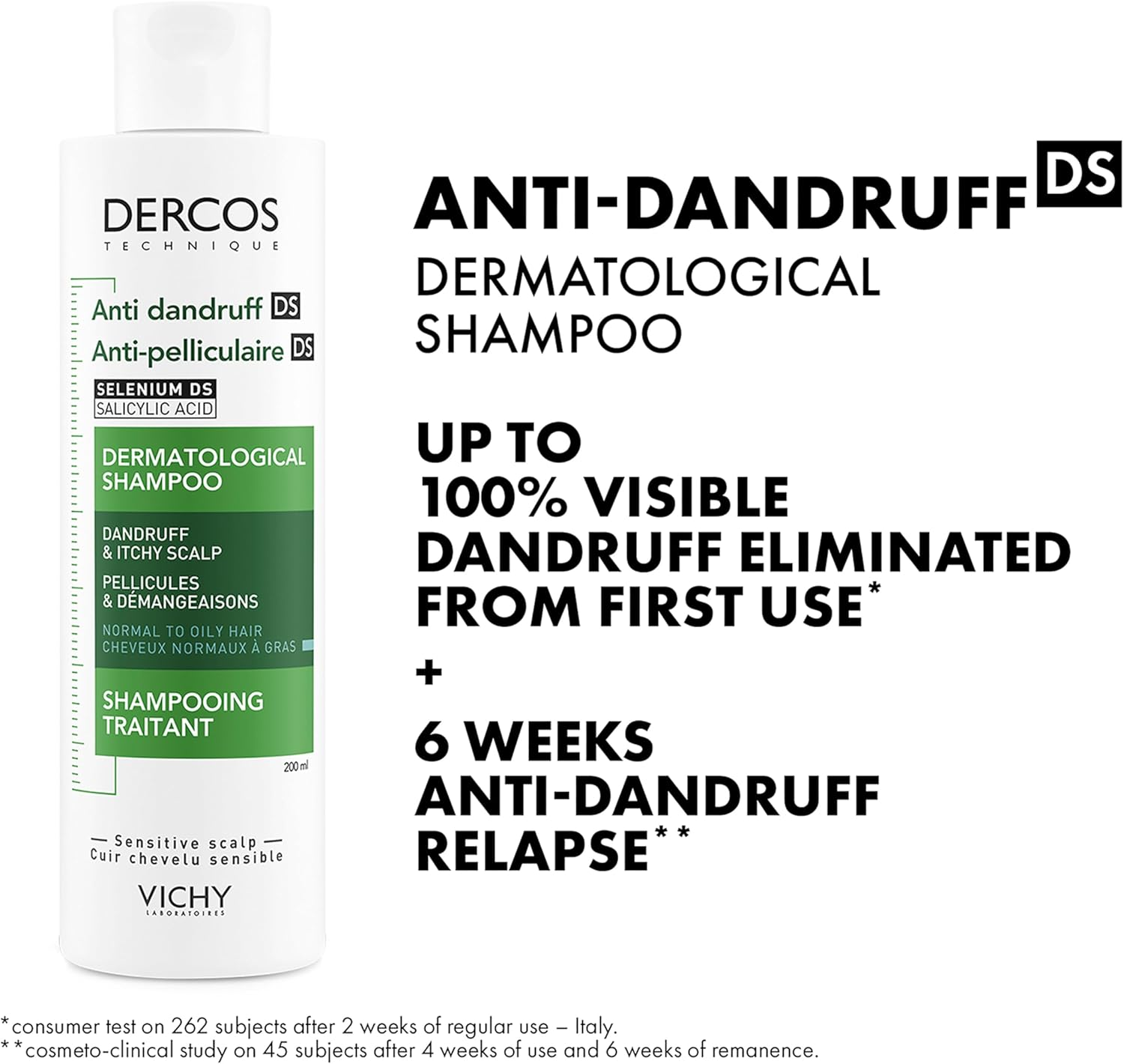 Vichy Dercos Anti-Dandruff Shampoo for Normal to Oily Hair 200Ml, DS Dermatological Shampoo for Sensitive Scalp, Dandruff & Itchy Scalp, Helps Maintain Microbiome & Eliminates Dandruff, Selenium + Salicylic Acid