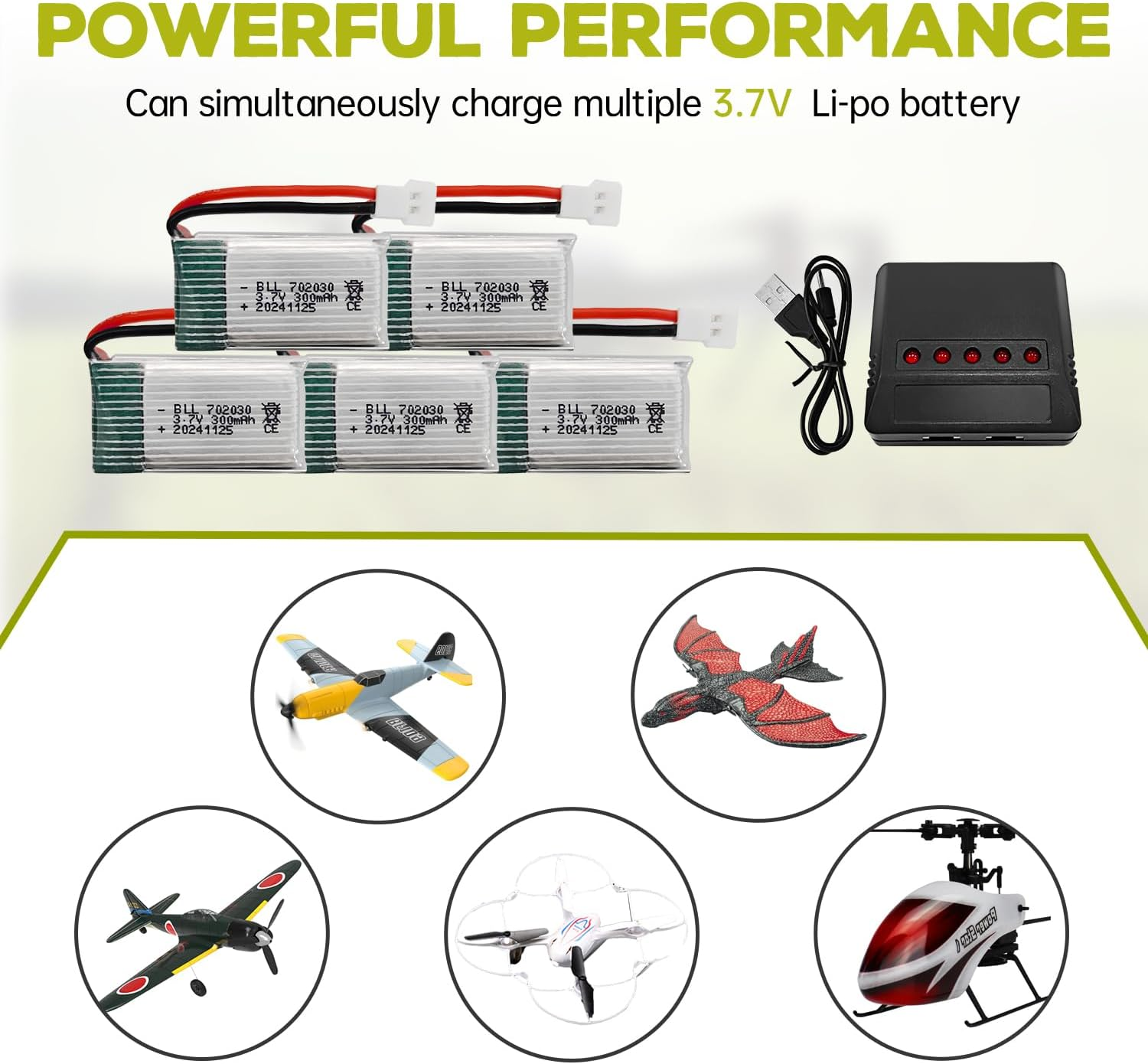 5PCS 3.7V 300Mah Lithium Battery with 5In1 Charger for Syma S39 X11C Wltoys V911S A120 XK A150 V966 FX801 UDI U816A Hubsan H107L F180W F180C HS170 HS170C HS177 Quadcopter Drone Battery image number 2