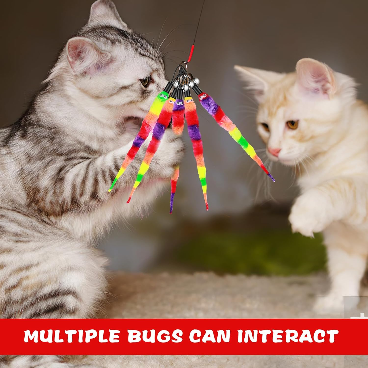 Amaxiu Rainbow Cat Wand Toy - 12Pcs Replacement Refills, Interactive Feather Toys with Bells for Indoor Cats and Kitten Training - Fluffy Worms Accessories image number 2