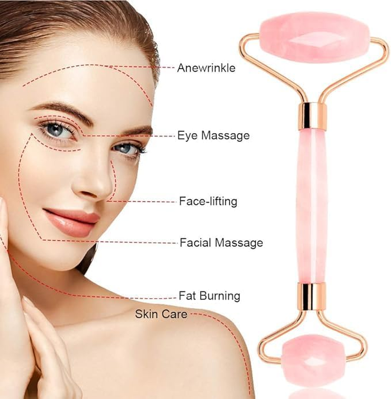 Jade Face Roller & Gua Sha Set, Facial Beauty Roller and Face Massager Skincare Tools, anti Aging, Reduce Wrinkles and Relieve Muscle Tension, Crystal Pink image number 1