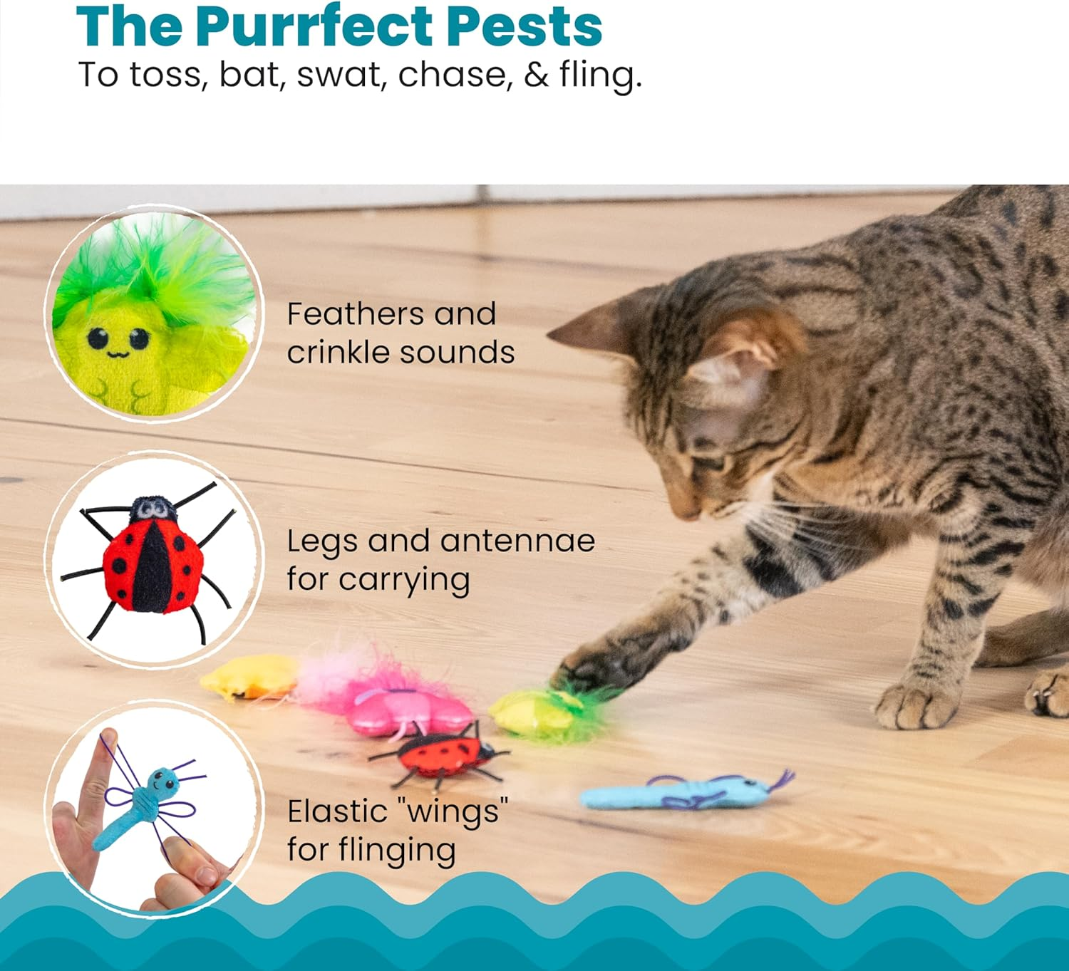 Catstages Cute as a Bug Plush Interactive Cat Toys, Bug Themed Kicker Catnip Toys with Feathers, Crinkle, Mesh, 6Pk, Small, Multicolored image number 2