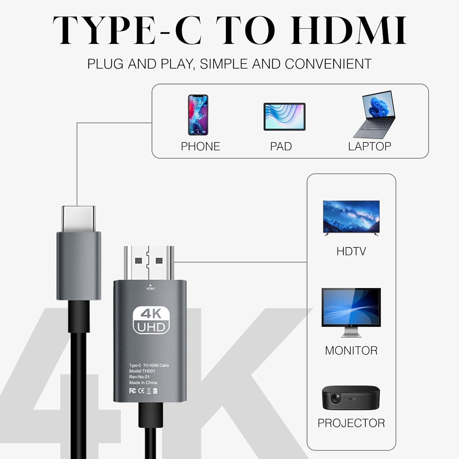 8K@60Hz USB C to HDMI 2.1 Cable 2M - Thunderbolt 3/4 to HDMI 48Gbps, 4K 240Hz, HDCP 2.3, Dynamic HDR, Compatible with Macbook Pro, Iphone 16/15, Galaxy S24, and More image number 4