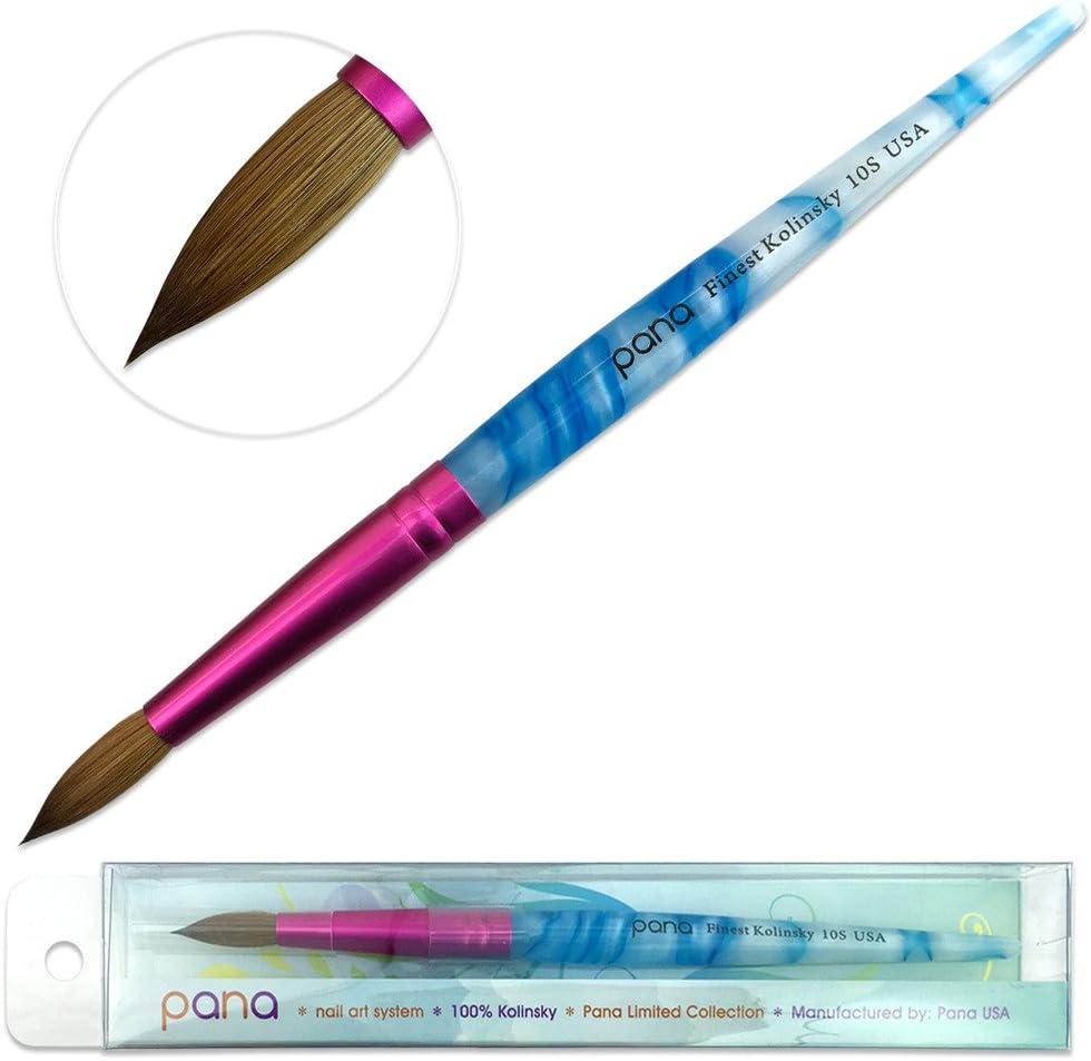 PANA Pure Kolinsky Hair Acrylic Nail Brush - round Shape Pink Ferrule with White Swirl Blue Handle (Size 10) - Nail Brush for Acrylic Nail Application, Nail Extension, Manicure Pedicure Salon Beginner and Professional image number 1