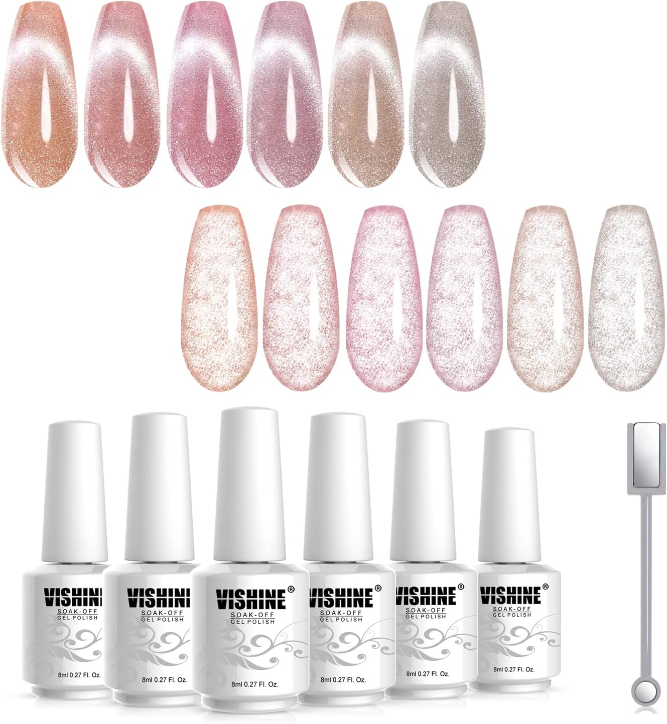 Vishine Holographic Glitter Cat Eye Gel Polish UV LED Soak off Nail Polish Home DIY Manicure Nail Salon Varnish Set of 6 Colors with Free Magnet 8Ml