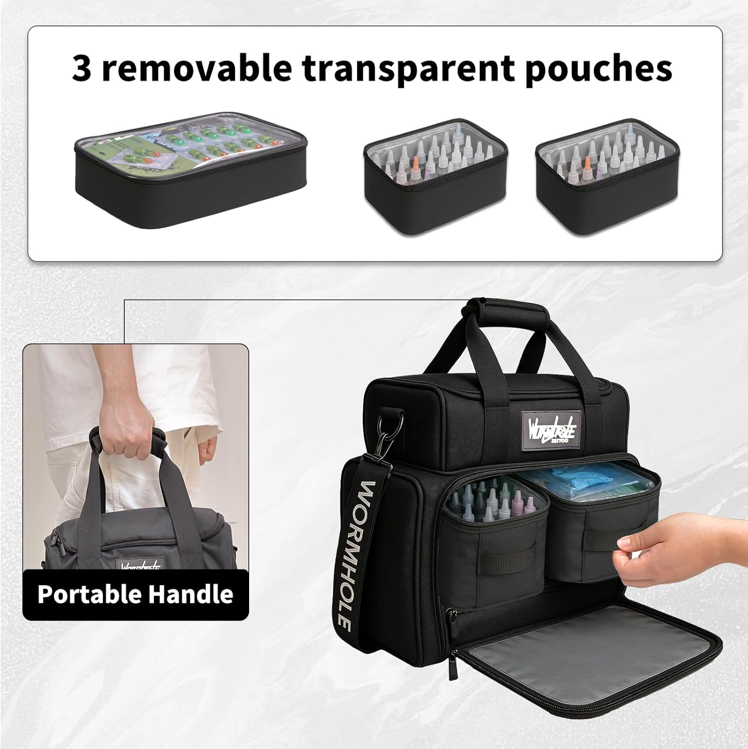 Wormhole Tattoo Case Tattoo Backpack with 3 Inner Removable Pouches 2 Layers Travel Bag for Tattoo Stencil Printer Tattoo Supplies Black 14.6" L X 9.5" W X 14.2" H image number 3