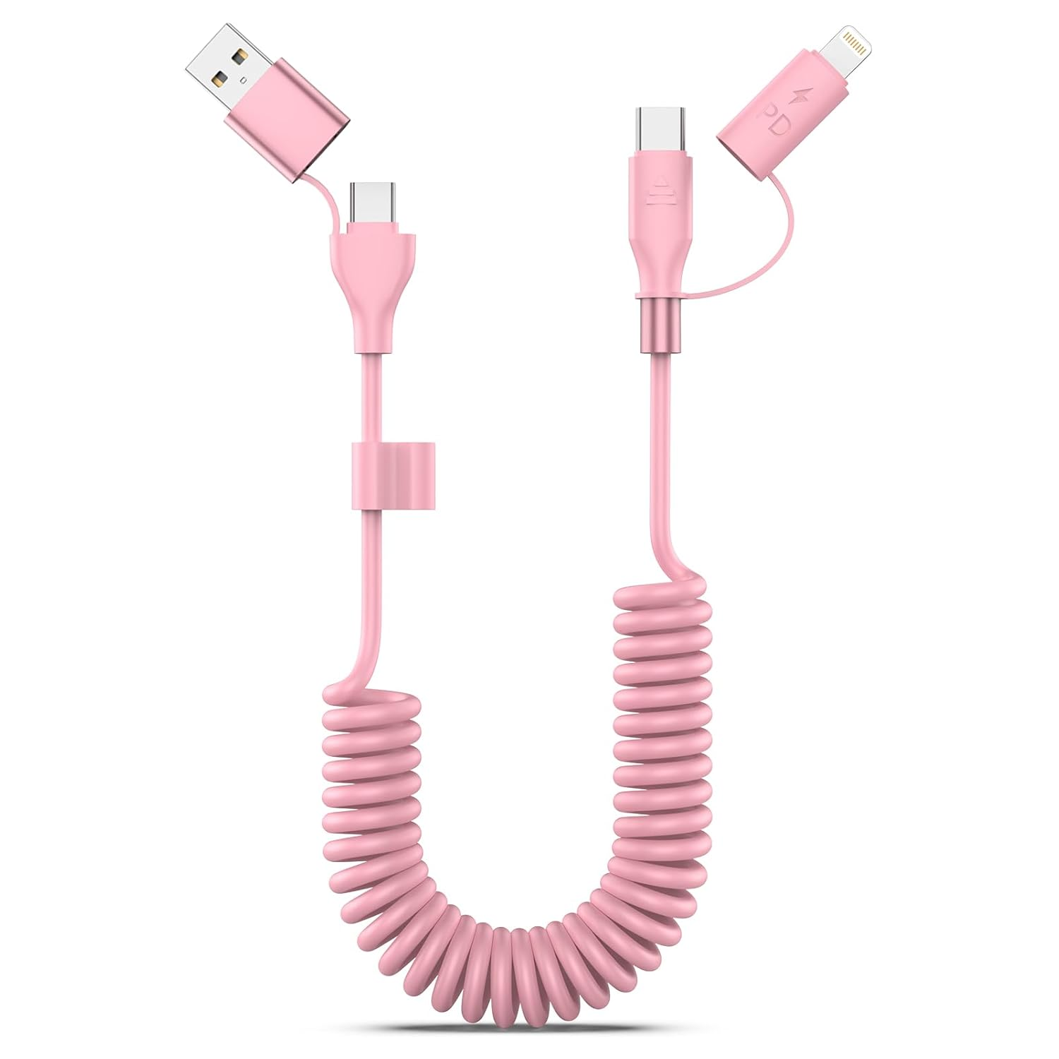 Coiled USB-C and Lightning Cable 2-In-1, Iphone 17 Car Charger Cord, 60W Fast Charging Cable for Iphone 16/15, Samsung Galaxy Supports Apple Carplay & Android Auto 1M (Pink)