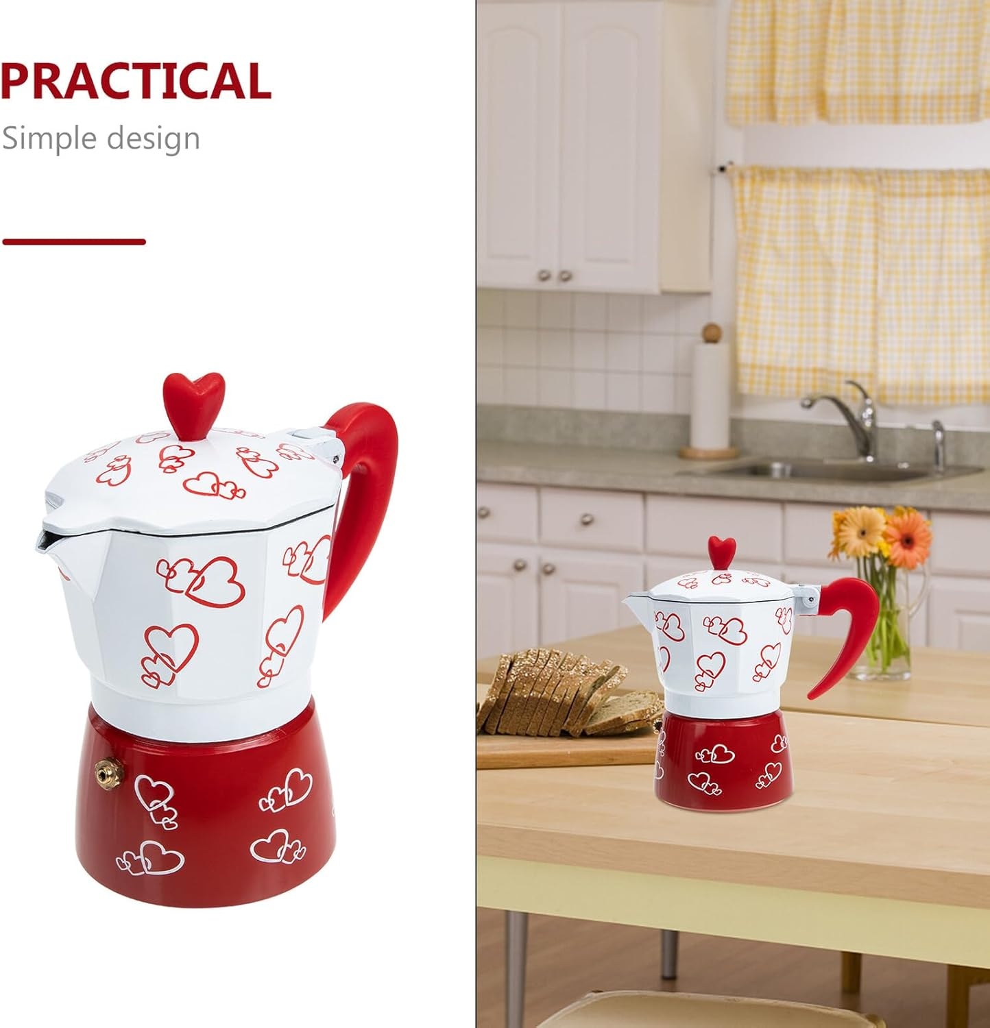 LIFKICH Red Heart Aluminum Mocha Pot Espresso Maker Italian Style Coffee Pot with Anti-Scald Handle Easy to Use Manual Coffee Machine for Home Kitchen Tea House Shop Brewing image number 2