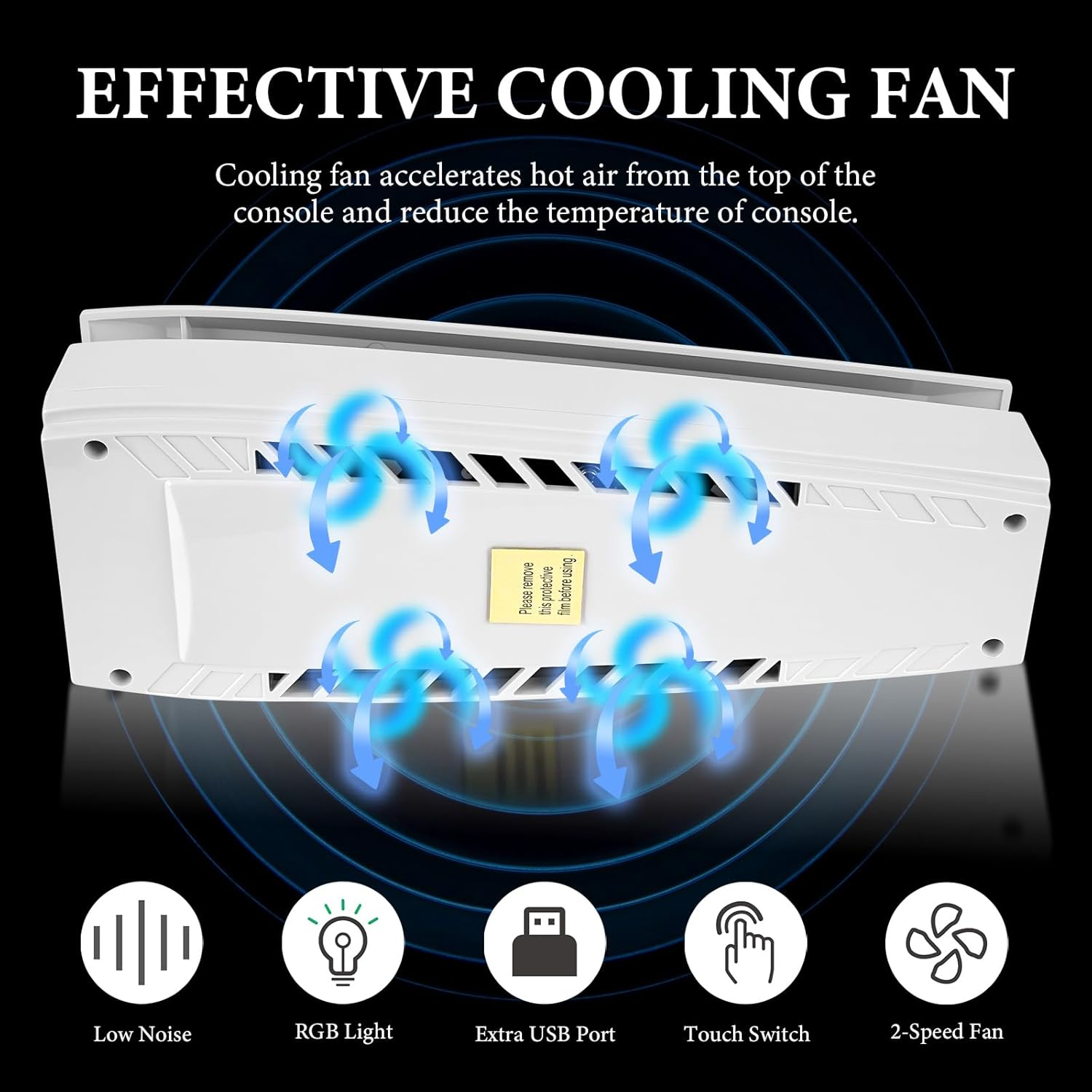 Geekria RGB Cooling Fan Compatible with PS5 Slim Disc & Digital, Top Heat Dissipation Dust Fans, Chilling System with 3 Speed Level Adjustable, 8 Modes Light and 2 USB Port image number 4