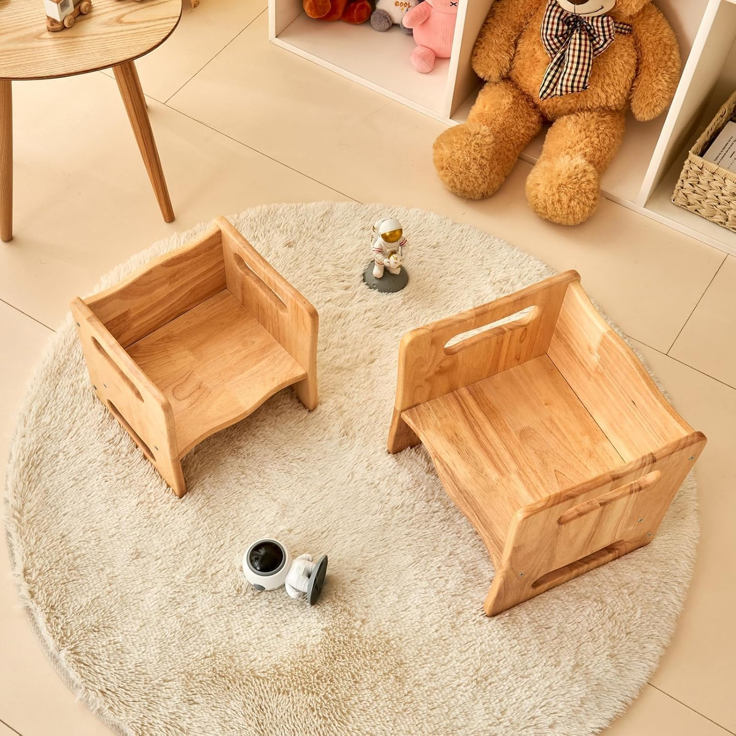 Wojkod Rubber Wood Montessori Weaning Table and Chair Set for Toddlers Age 1-3,Cube Table and Chair Set for Kids to Reading/Eating/Playing,Natural Quality Solid Wood Children Furniture,Cpc Certified