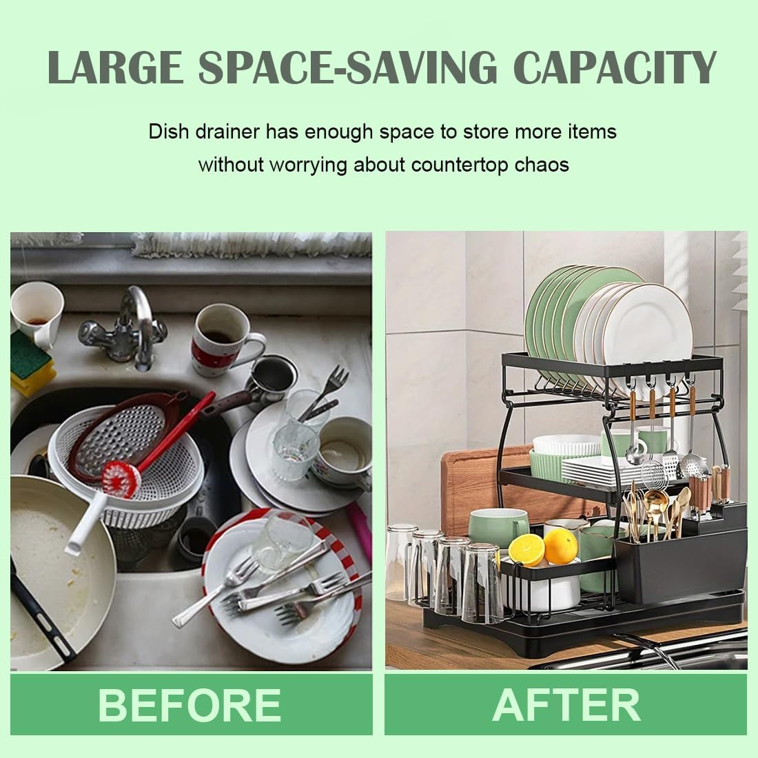 MUVKQC 3-Tier Dish Drying Rack, Dish Rack with 360&deg; Rotating Drainer Board, Large Dish Drainer with Utensils Holder, Rustproof Drying Rack for Kitchen Storage & Organisation image number 5