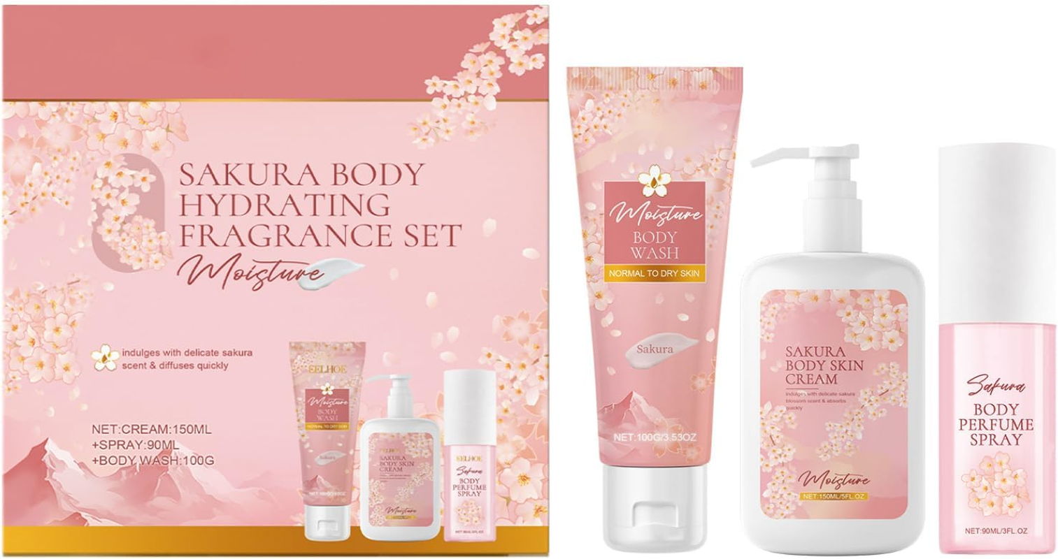 Jugaoge Refreshing Cherry Blossom Scented Body Wash Cream and Perfume Set 3 Piece Kit for Hydrated Skin Pink One Size image number 1