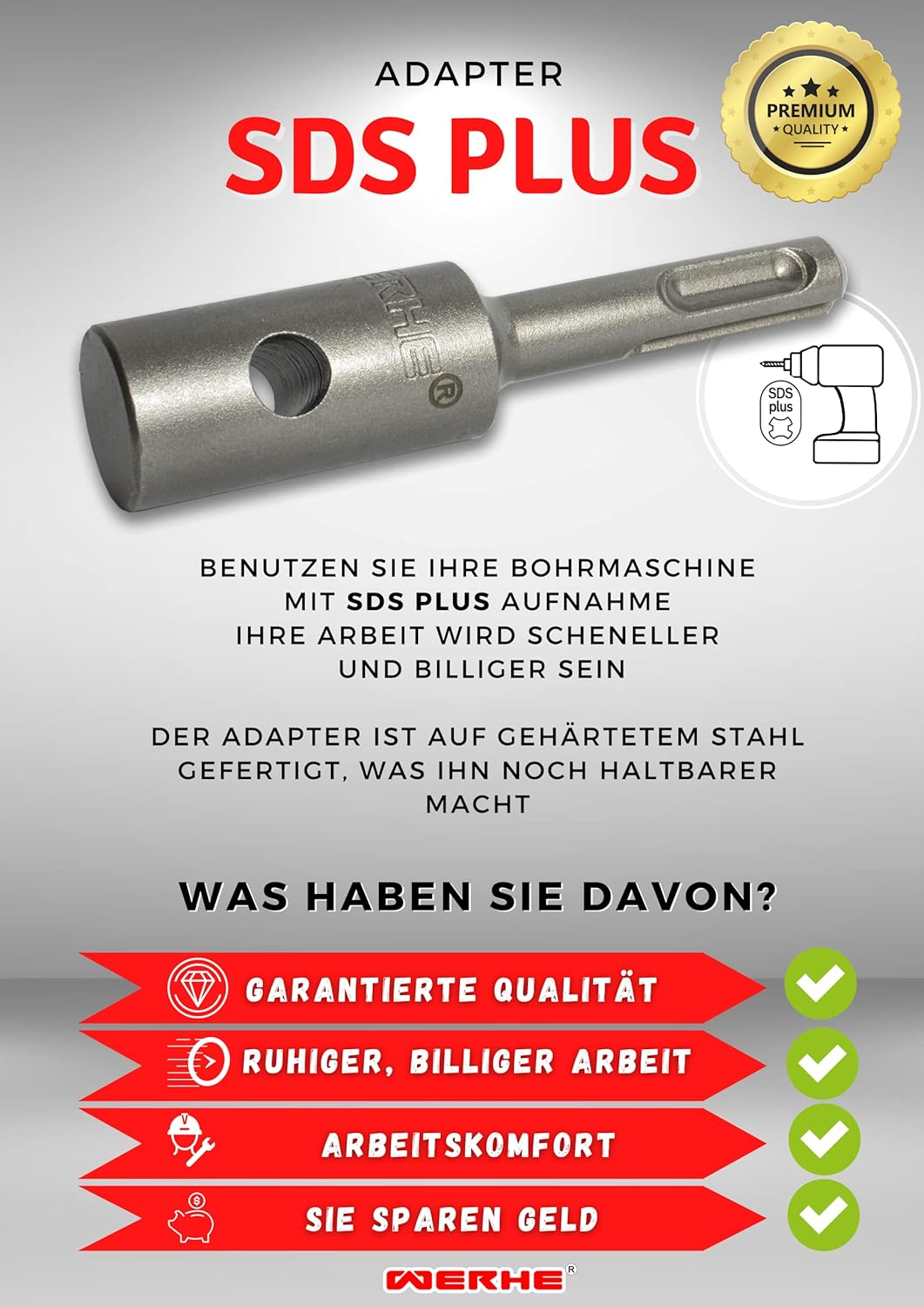 WERHE Professional Adapter for Earth Auger Suitable for SDS plus Drill, Cordless Drill, Post Drill with Bolts Made of High-Quality Spring Steel image number 2