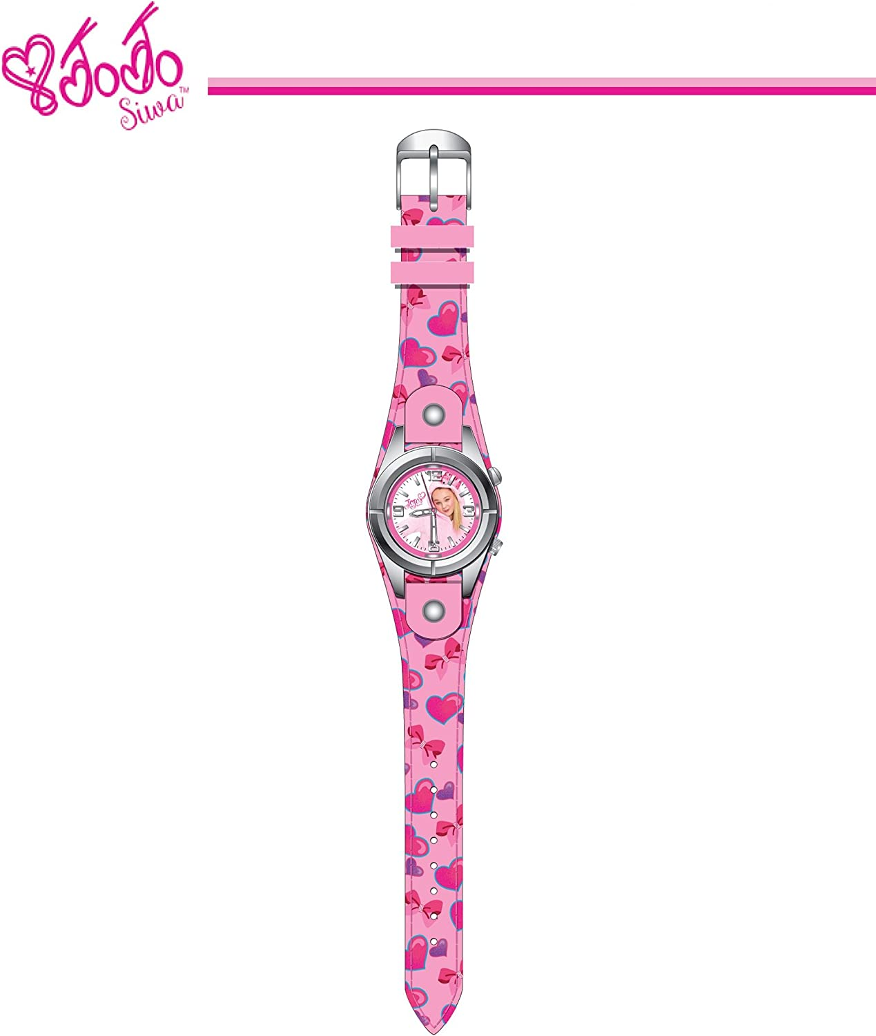 Jojo Siwa Kids' Analog Watch with Silver-Tone Case, Pink Leather Strap, Easy to Buckle - Kids' Watch with Jojo Siwa on the Dial, Safe for Children - Model: JOJ5003, PINK, Analog Watch
